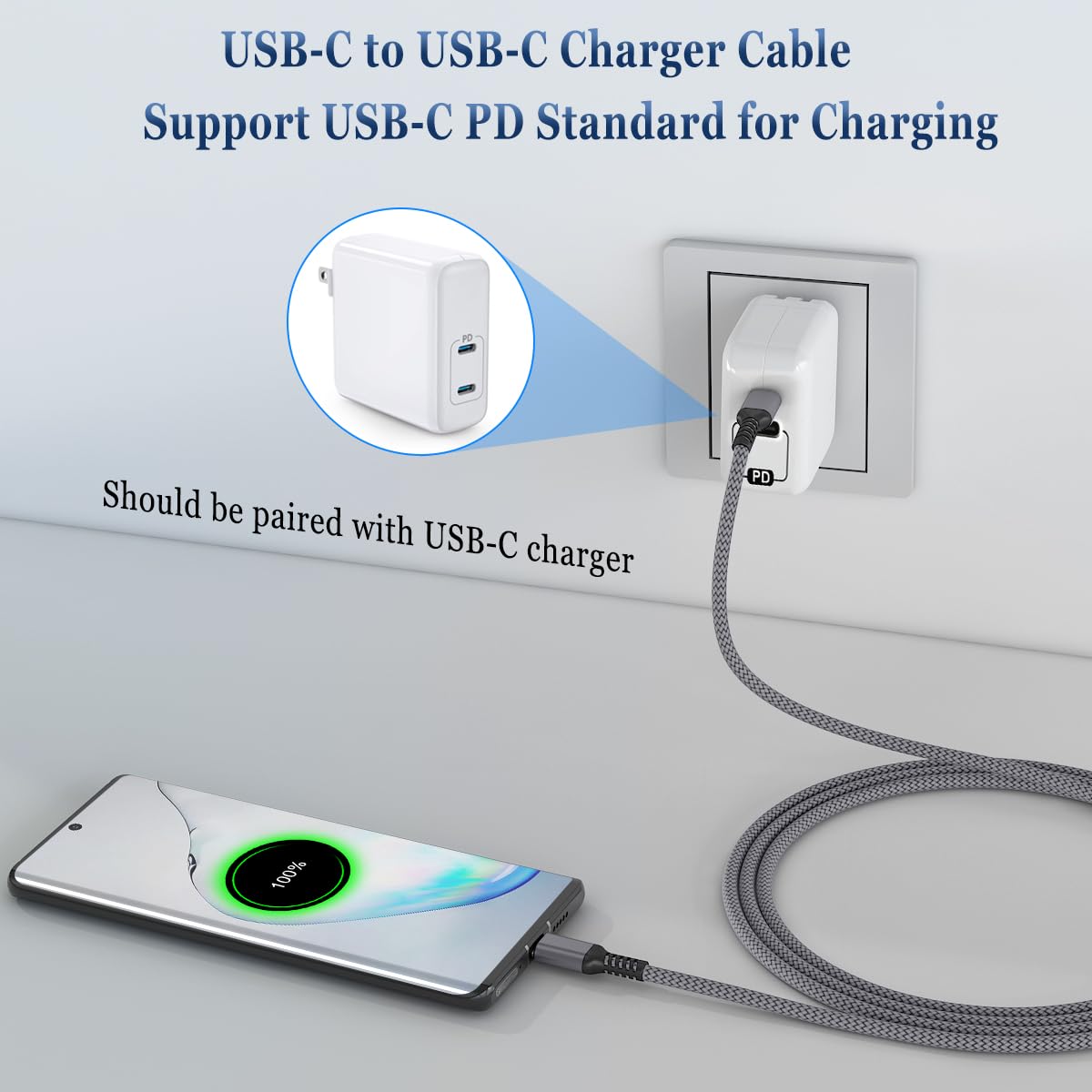 Basesailor 10ft USB C to USB C Cable 2-Pack 100W Fast Charging, PD Power Delivery for iPhone 16/15 Pro Max, MacBook, iPad Air/Mini, Samsung Galaxy S24/S23/S22 Ultra - Perfect for Home, Office & Travel Charging