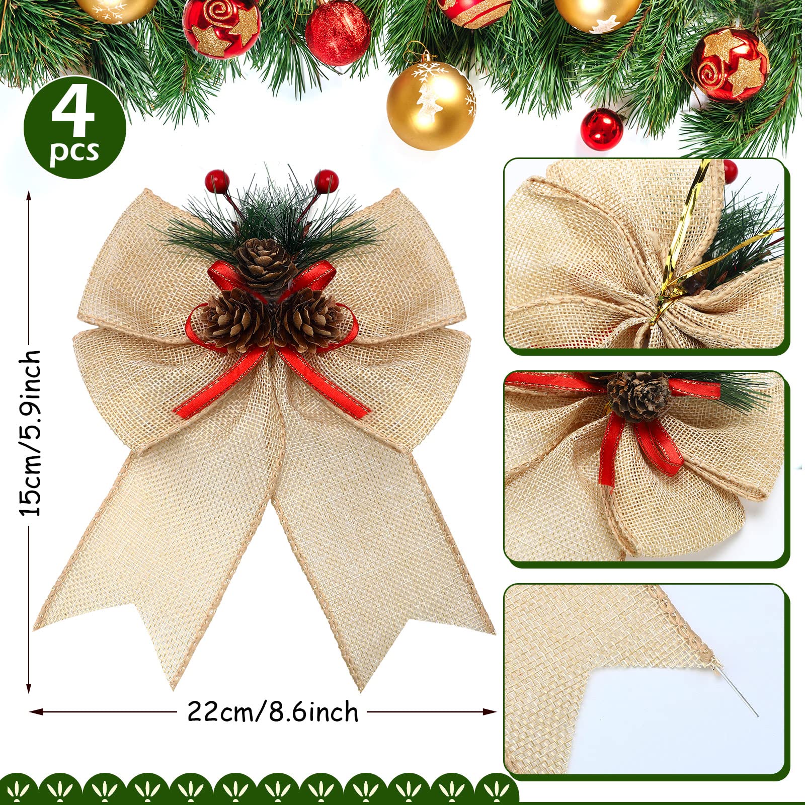 4-Piece Buffalo Plaid Christmas Bows with Pine Cones - Rustic Wreath Ribbon & Tree Decorations for Indoor/Outdoor Holiday Crafts (Beige) | Perfect for Xmas Tree Toppers, Gift Wrapping, Mantel Decor & Festive DIY Projects