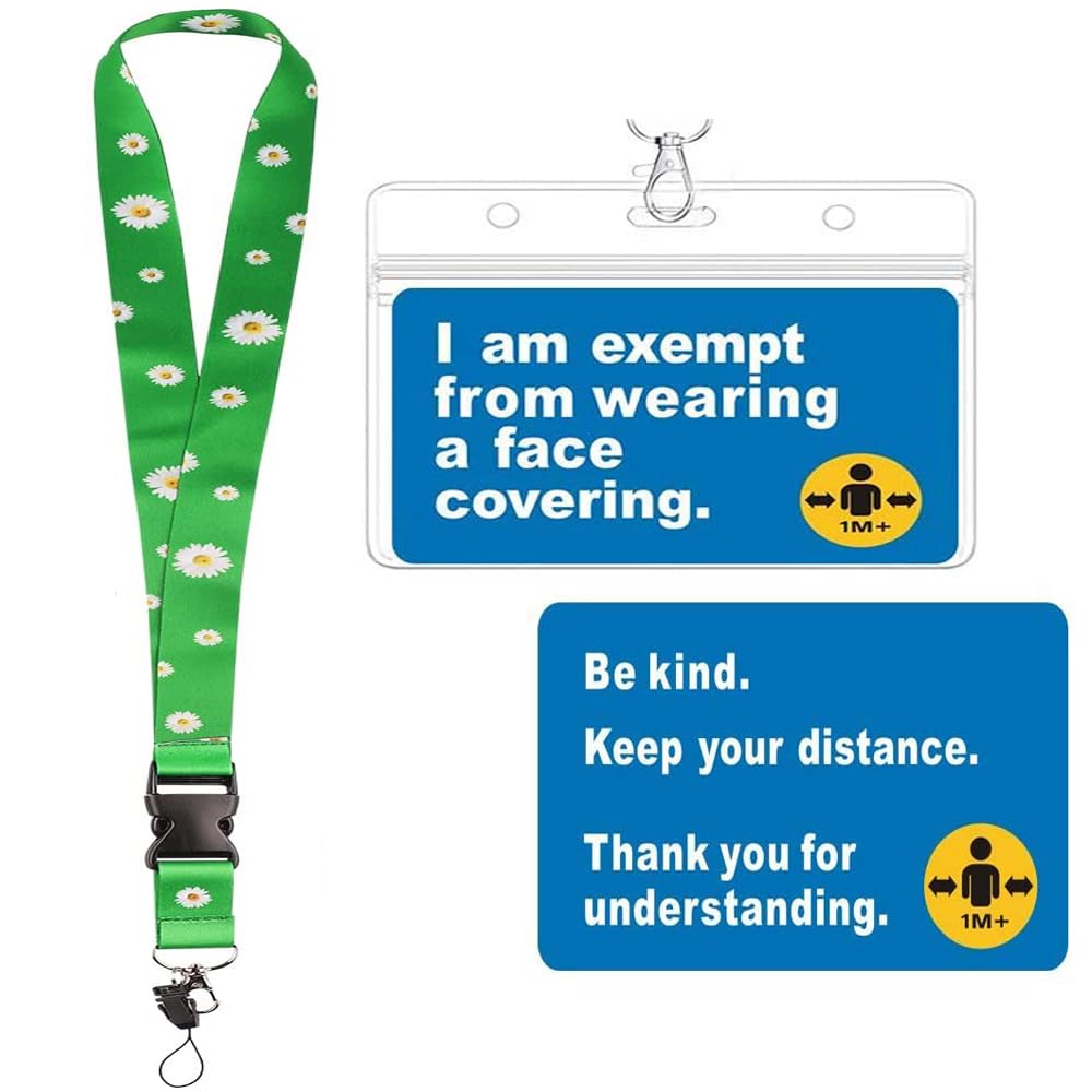 Mask Exemption Card Green Lanyard with Clear Waterproof ID Holder - Includes 1 Neck Strap & 1 Card Sleeve - Perfect for Medical Exemptions, Work IDs, and Event Badges
