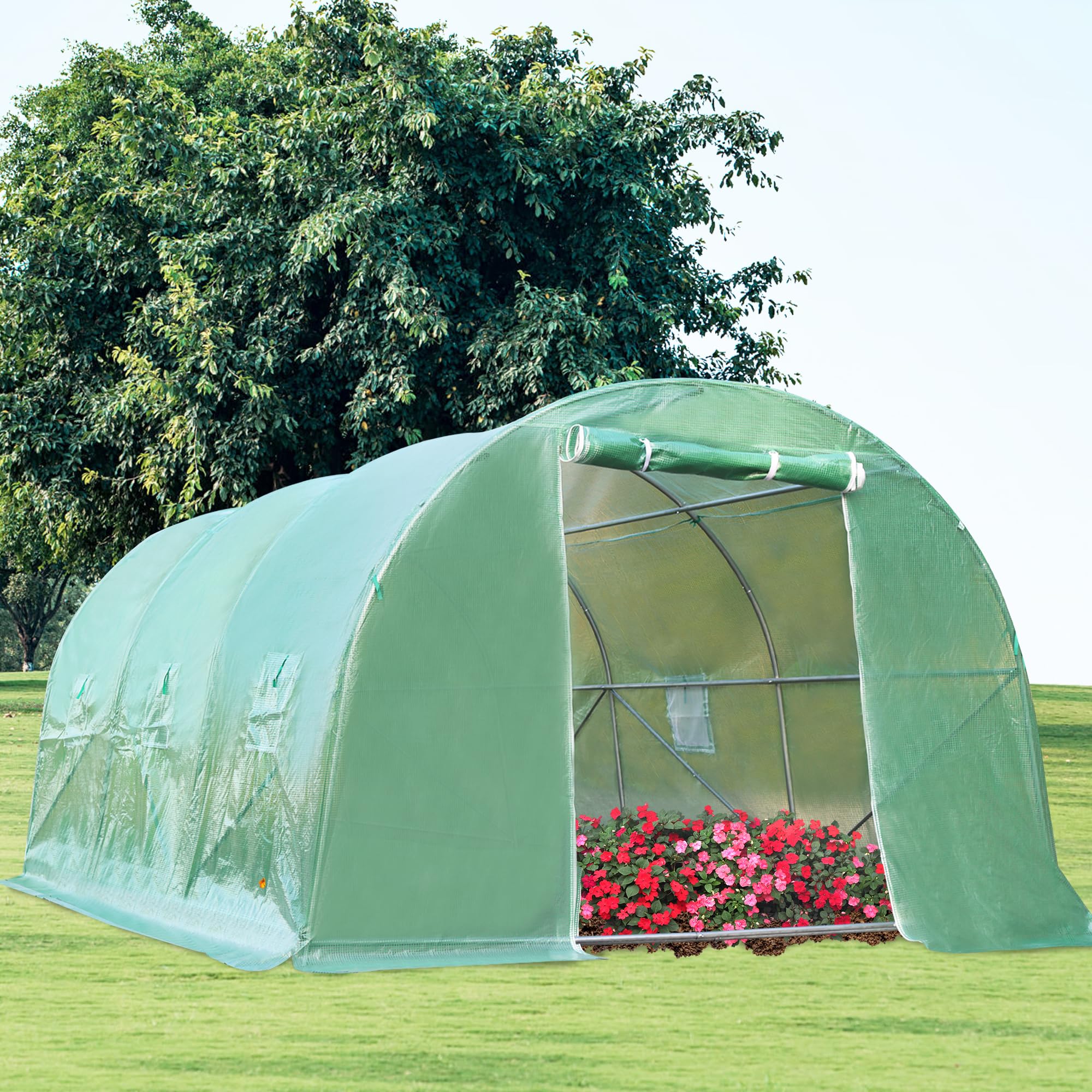 15x7x7FT Portable Greenhouse Tunnel with Sturdy Metal Frame & PE Cover - 6 Retractable Curtains, Double Zippers for Flowers, Plants & Vegetables | Perfect for Backyard Gardening, Urban Farming & Year-Round Plant Protection (Green)