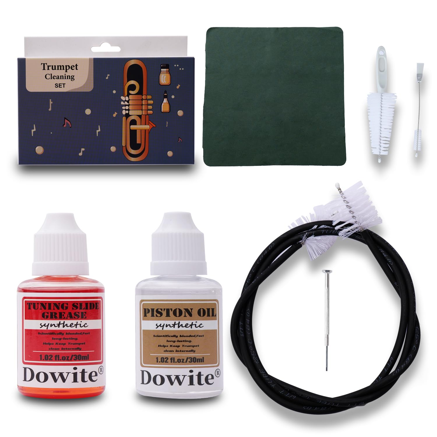 Professional Trumpet & Cornet Cleaning Care Kit - Valve Oil, Piston Oil, Slide Grease, Snake Brush, Piston Brush, Mouthpiece Brush, Dust Brush & Cleaning Cloth - Essential Maintenance Tools for Musicians & Students - Perfect for Daily Cleaning & Performance Preparation