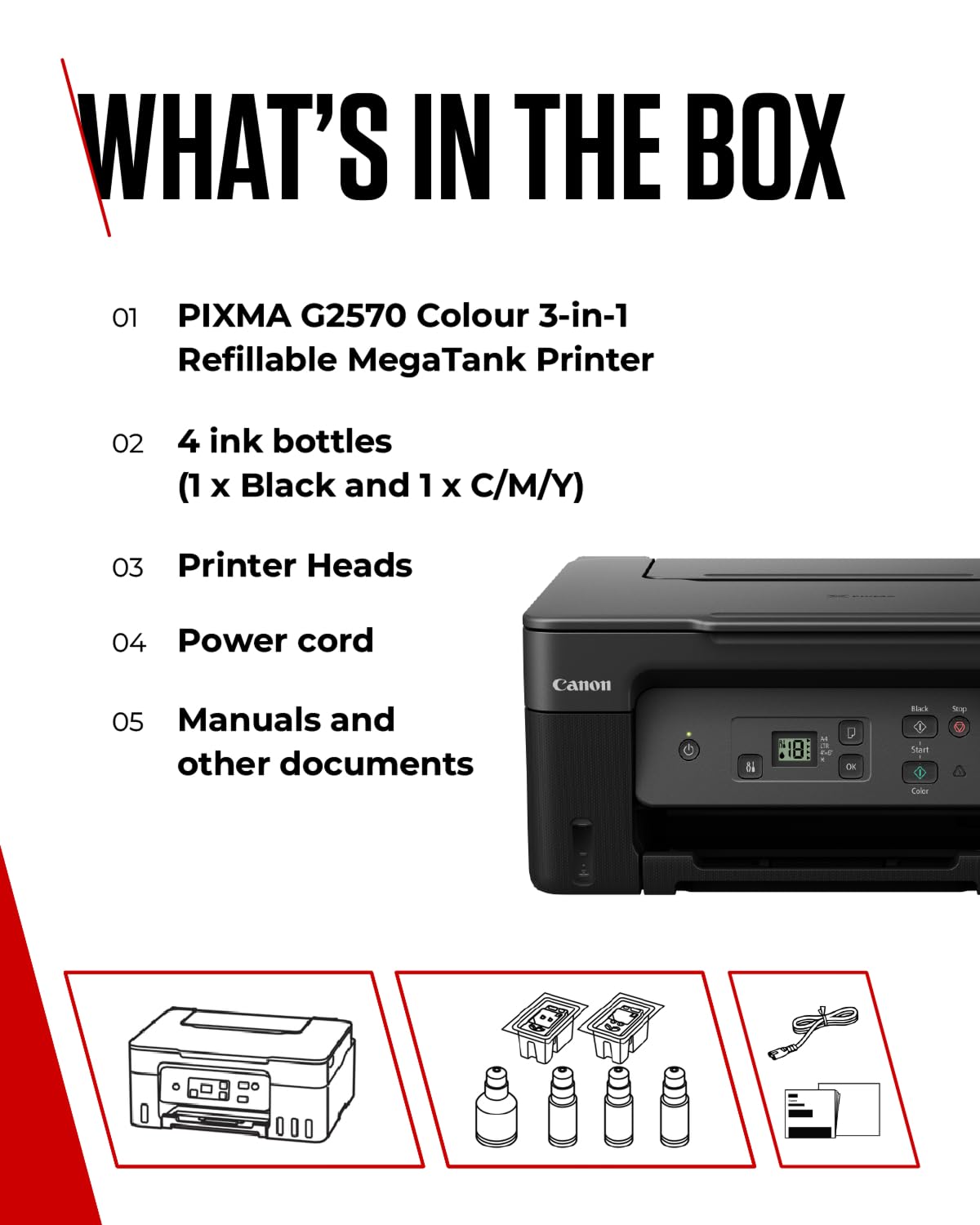 Canon PIXMA G2570 MegaTank All-in-One Wireless Printer with Scanner, Copier & LED Display | High-Yield Inkjet Printer for Home Office | USB & WiFi Connectivity | Perfect for Printing Documents, Photos & School Projects