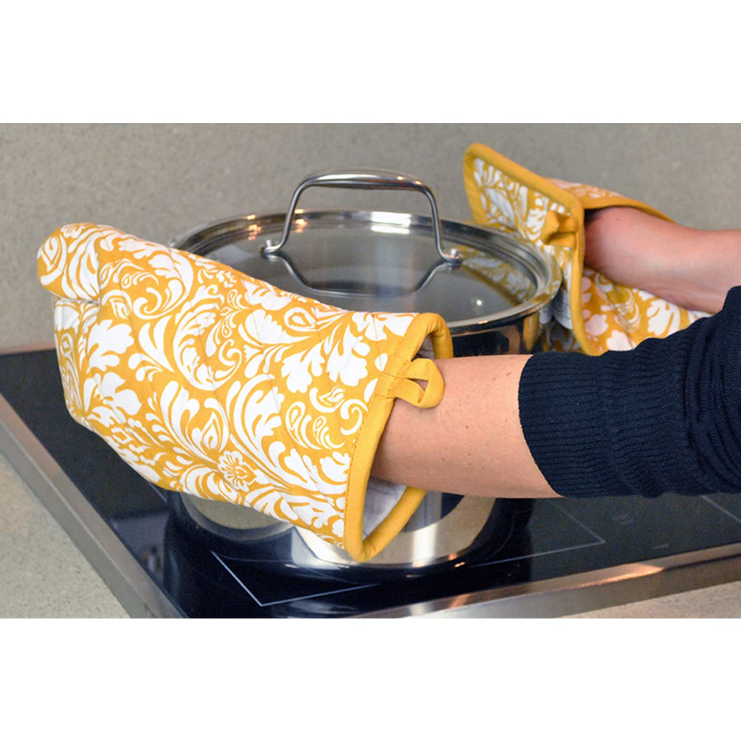 DII Quilted Oven Mitt and Potholder Set - Heat Resistant Kitchen Accessories with Hanging Loop for Easy Storage (6.5x12 Mitt & 8x8.5 Holder) - Mustard Damask Print - Perfect for Baking, Cooking, Grilling and Kitchen Decor