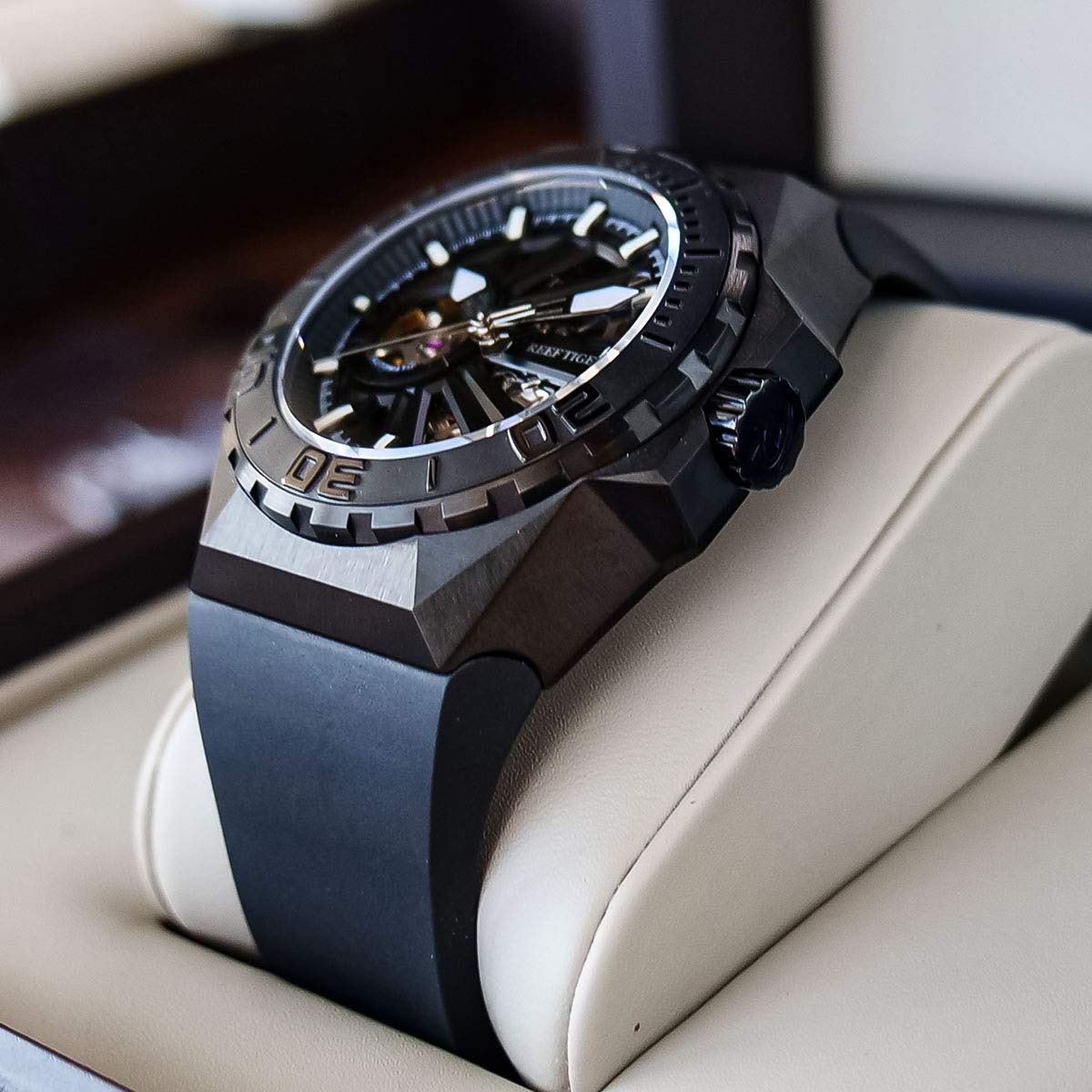 REEF TIGER Men's Military Dive Watch - Automatic Mechanical Skeleton Watch with Rubber Strap RGA6903-S | Waterproof Tactical Watch for Outdoor, Swimming & Daily Wear