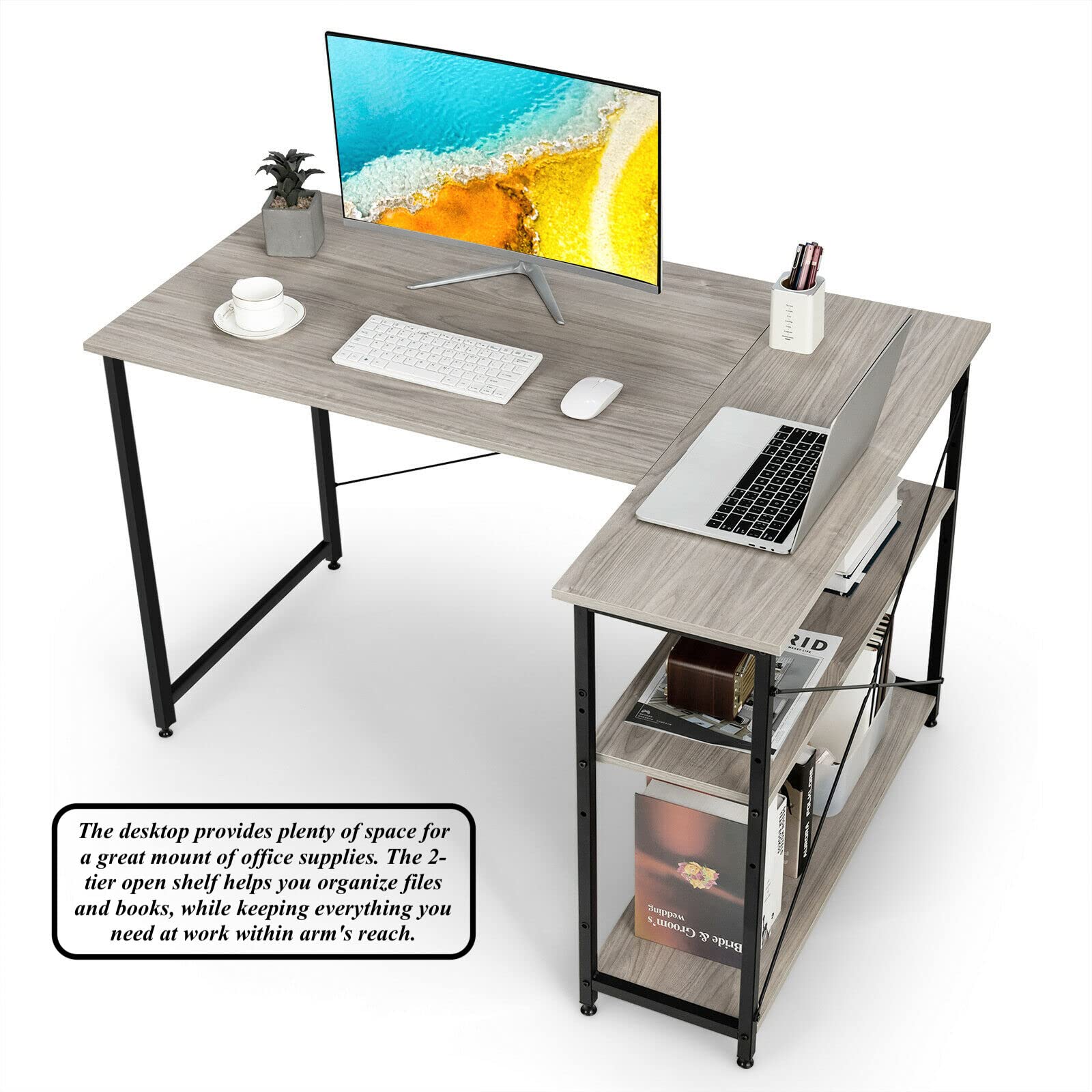L-Shaped Computer Desk with 2-Tier Shelf - 48