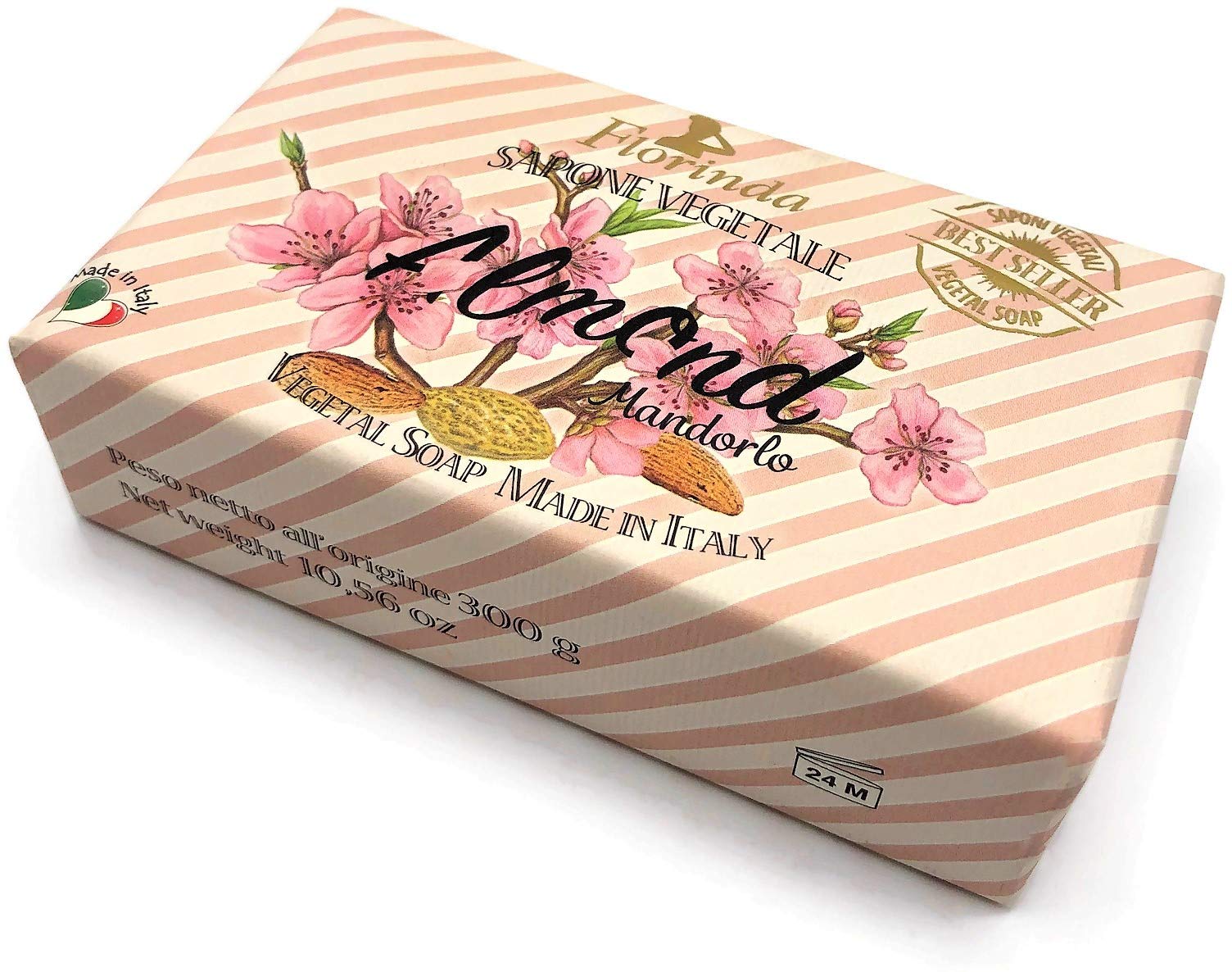 Florinda Italian Vegetable Soap - 100% Natural Almond Scented Bar Soap (10.56 oz) Made in Italy | Gentle Cleansing for Face & Body | Perfect for Sensitive Skin & Eco-Friendly Bath Routine