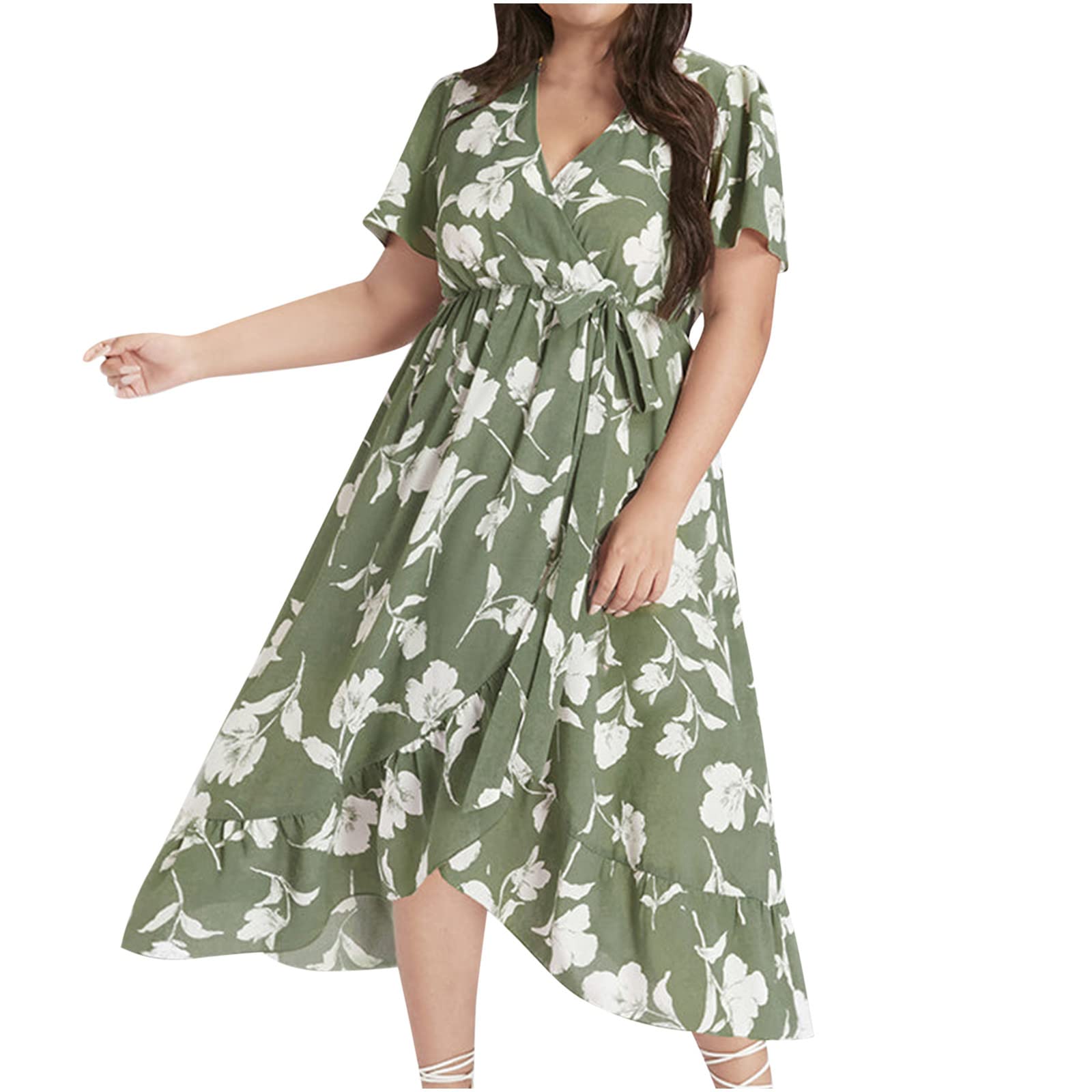 Plus Size Women's Floral Wrap V-Neck Midi Dress - Short Sleeve A-Line Swing Dress for Fall | Perfect for Office Wear, Date Night & Casual Outings
