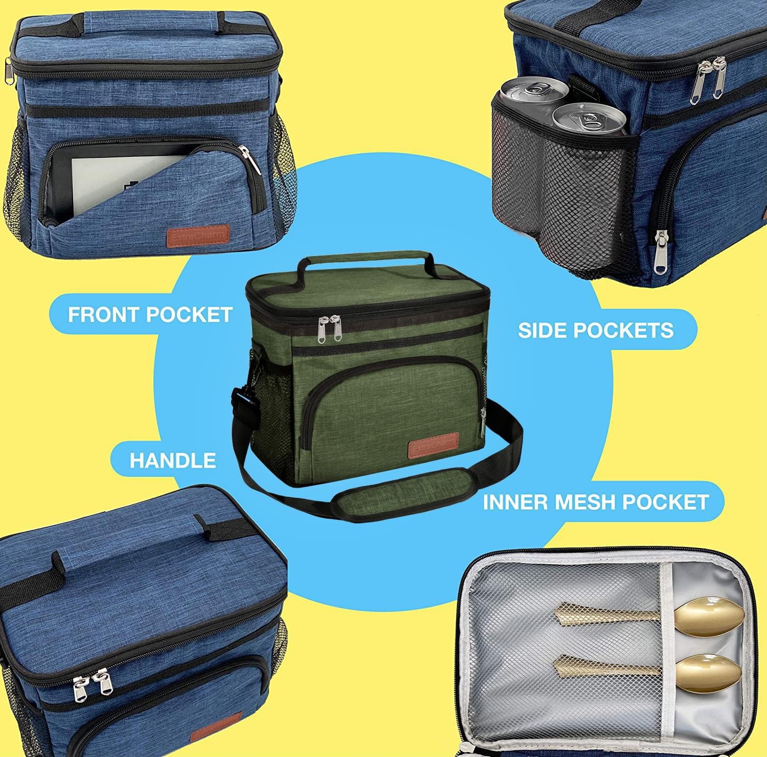 ExtraCharm Insulated Lunch Bag for Women & Men - Reusable Leakproof Cooler Tote with Adjustable Shoulder Strap - Perfect for Office, School, Picnic, Hiking, Beach & Travel - Eco-Friendly Lunch Box Organizer for Adults - Green