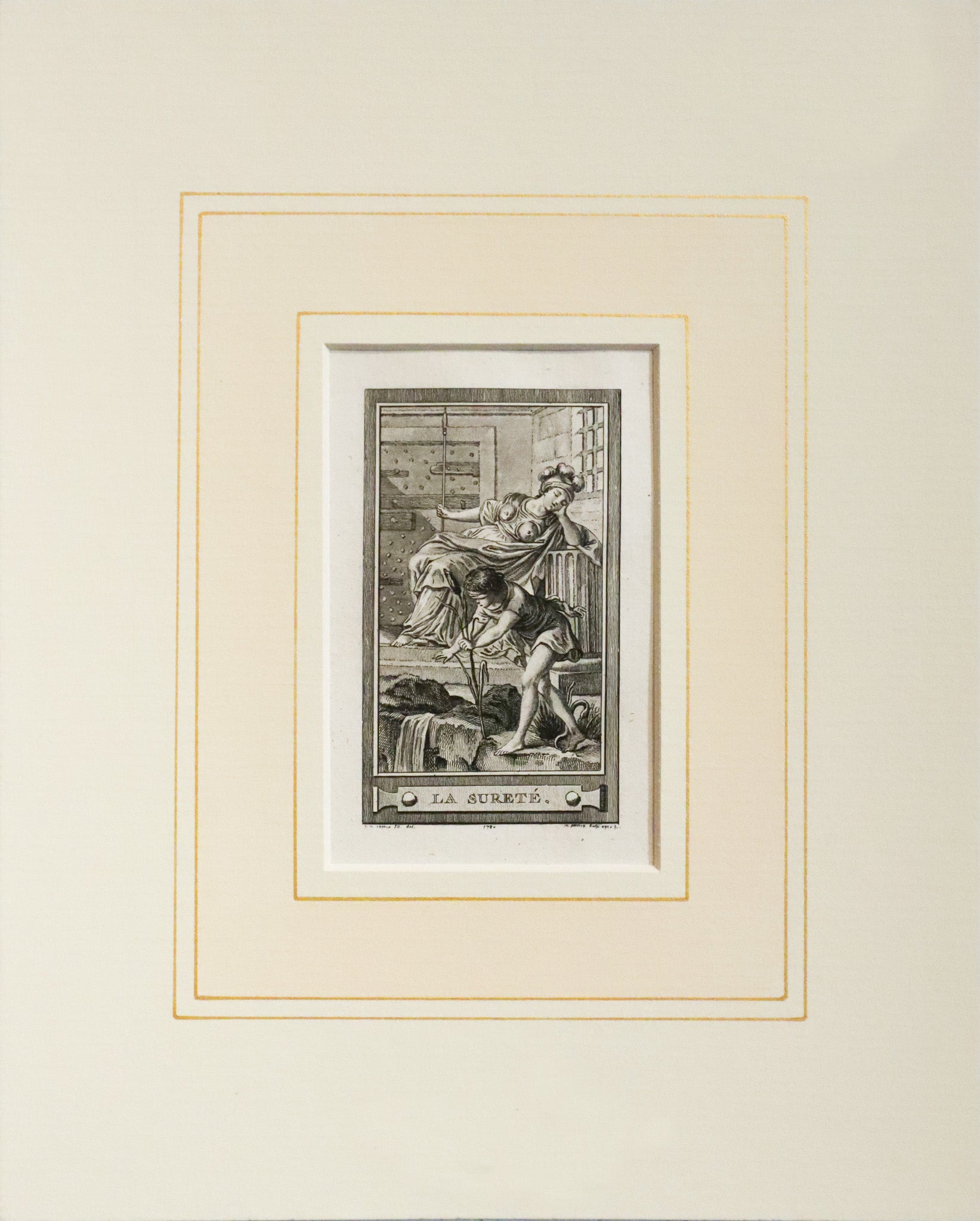 Antique 1780s French Engraving - La Sureté (Protection) Art Print with Mat - Vintage Home Decor & Wall Art for Living Room, Office or Gallery Display