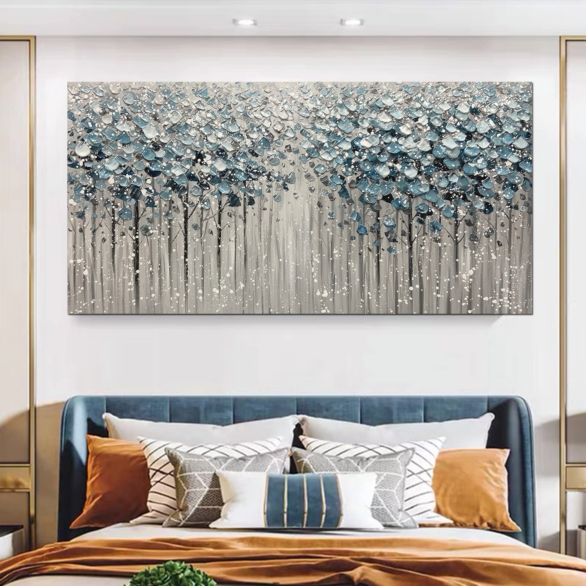 Yotree 24x48 Inch Blue Forest 3D Oil Painting on Canvas - Heavy Texture Acrylic Wall Art, Wood Framed & Ready to Hang - Perfect for Living Room, Bedroom, or Office Decor