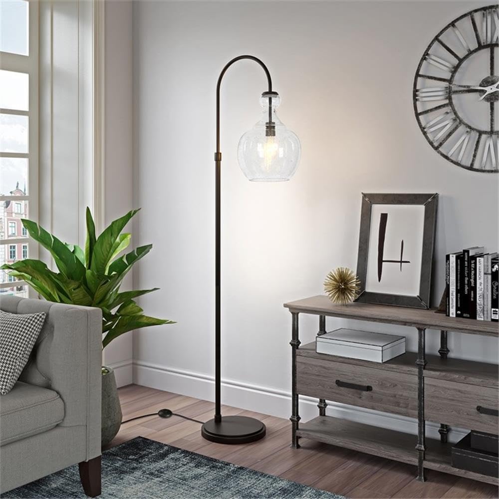 Black Bronze Metal Arc Floor Lamp with Seeded Glass Shade - Modern Industrial Lighting for Living Room, Bedroom & Office Decor