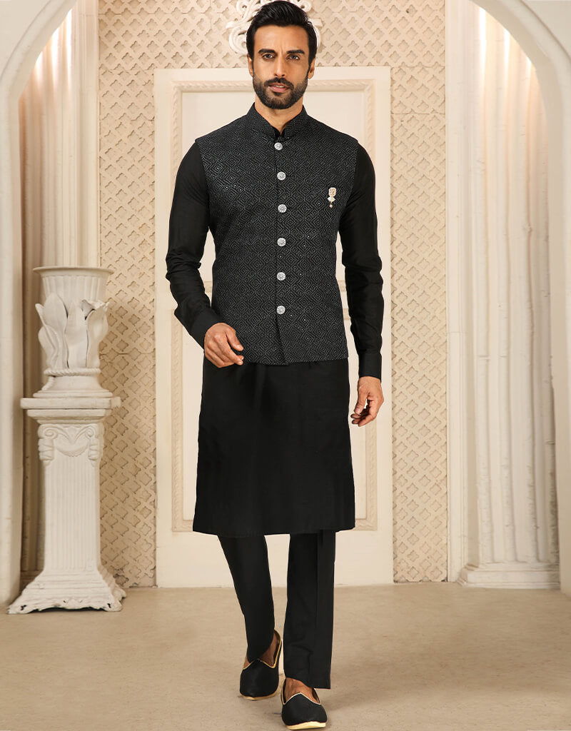 Black Embroidered Banarasi Silk Kurta with Aligadhi Pant Set - Indian Ethnic Wear for Men, Wedding & Festival Outfit