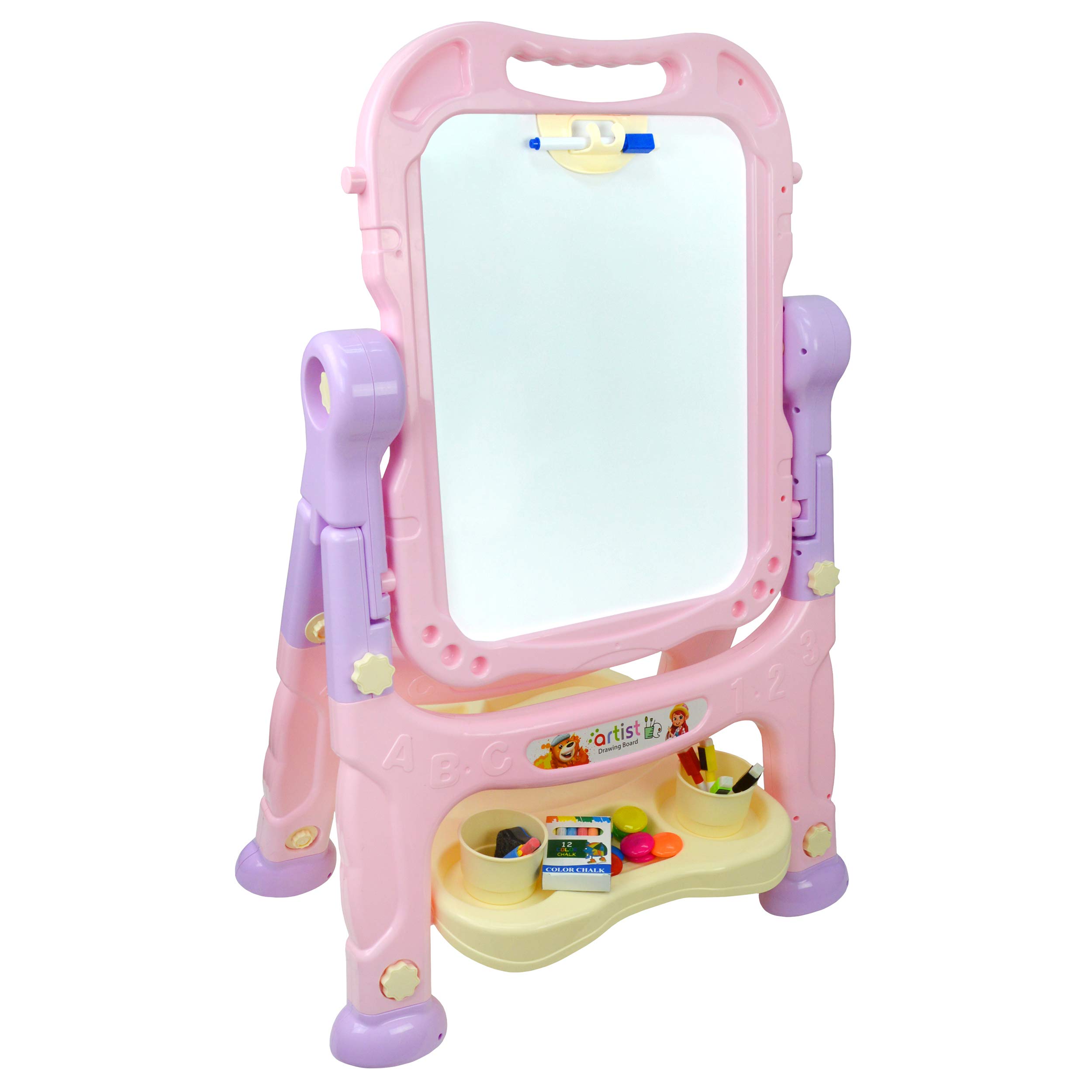 Double Sided Kids Easel with Chalkboard & Whiteboard - Adjustable Drawing Easel for Toddlers & Children | Includes Dry Erase Markers, Chalk, Magnets & Eraser (Pink) - Perfect for Home, Classroom & Art Activities