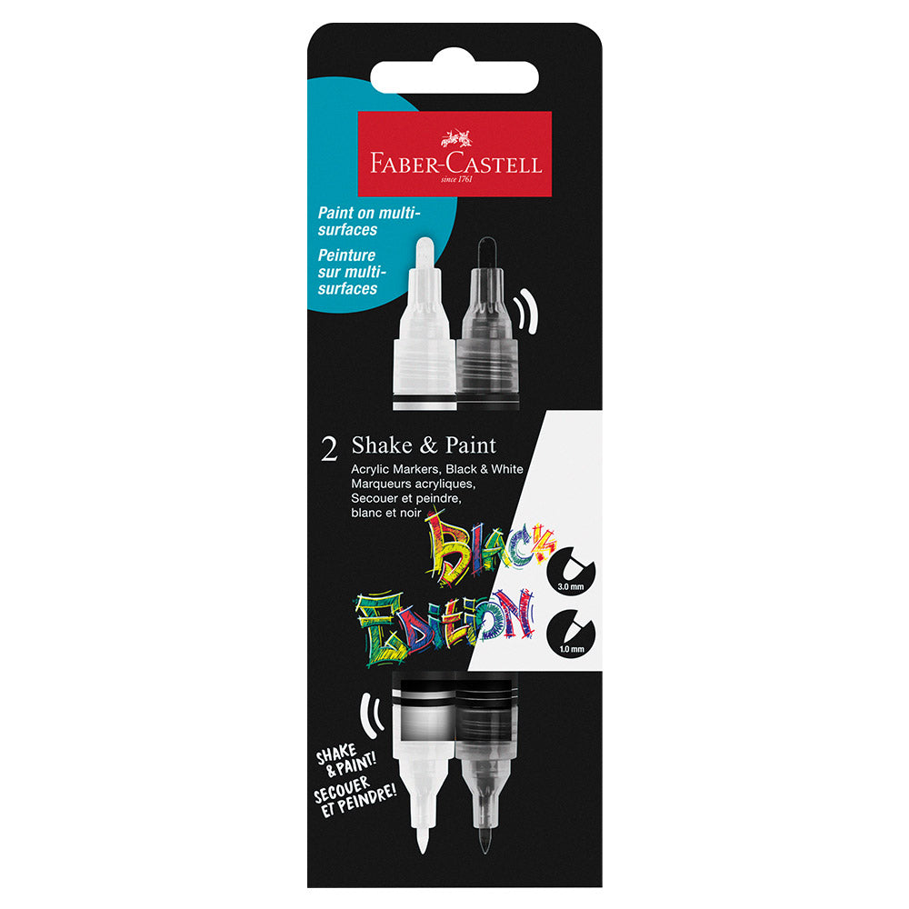 Faber-Castell Black Edition Shake & Paint Acrylic Markers - Set of 2 (Black & White) for Artists, DIY Crafts & Calligraphy Projects