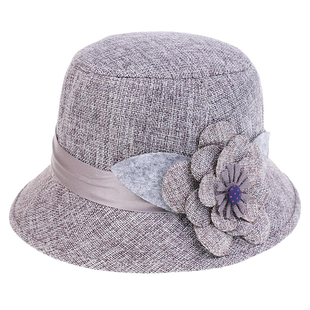 Women's Fashion Cloche Bucket Hat with Floral Accent - Gray Fedora Style Sun Hat for Outdoor, Beach, and Summer Activities