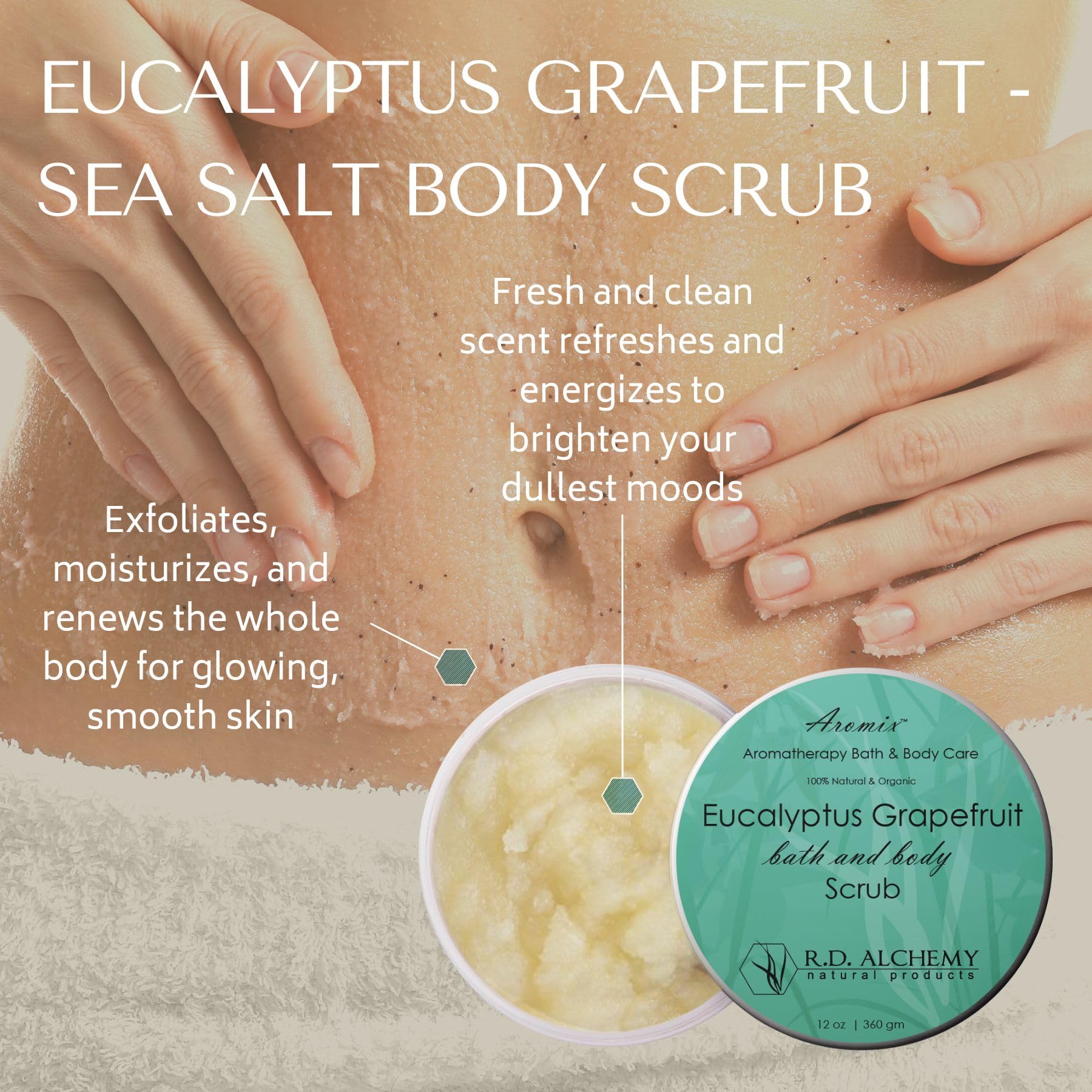RD Alchemy - 100% Natural & Organic Eucalyptus Grapefruit Sea Salt Body Scrub - Exfoliating, Moisturizing & Renewing Skin Care for Dry Skin - Perfect for Spa Day, Self Care & Relaxation at Home