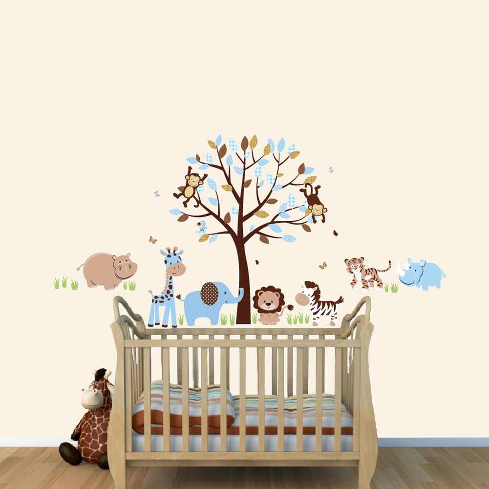 Blue and Brown Hippo Wall Decal - Jungle Animal Stickers for Kids Room Decor | Nursery, Playroom & Bedroom Wall Art