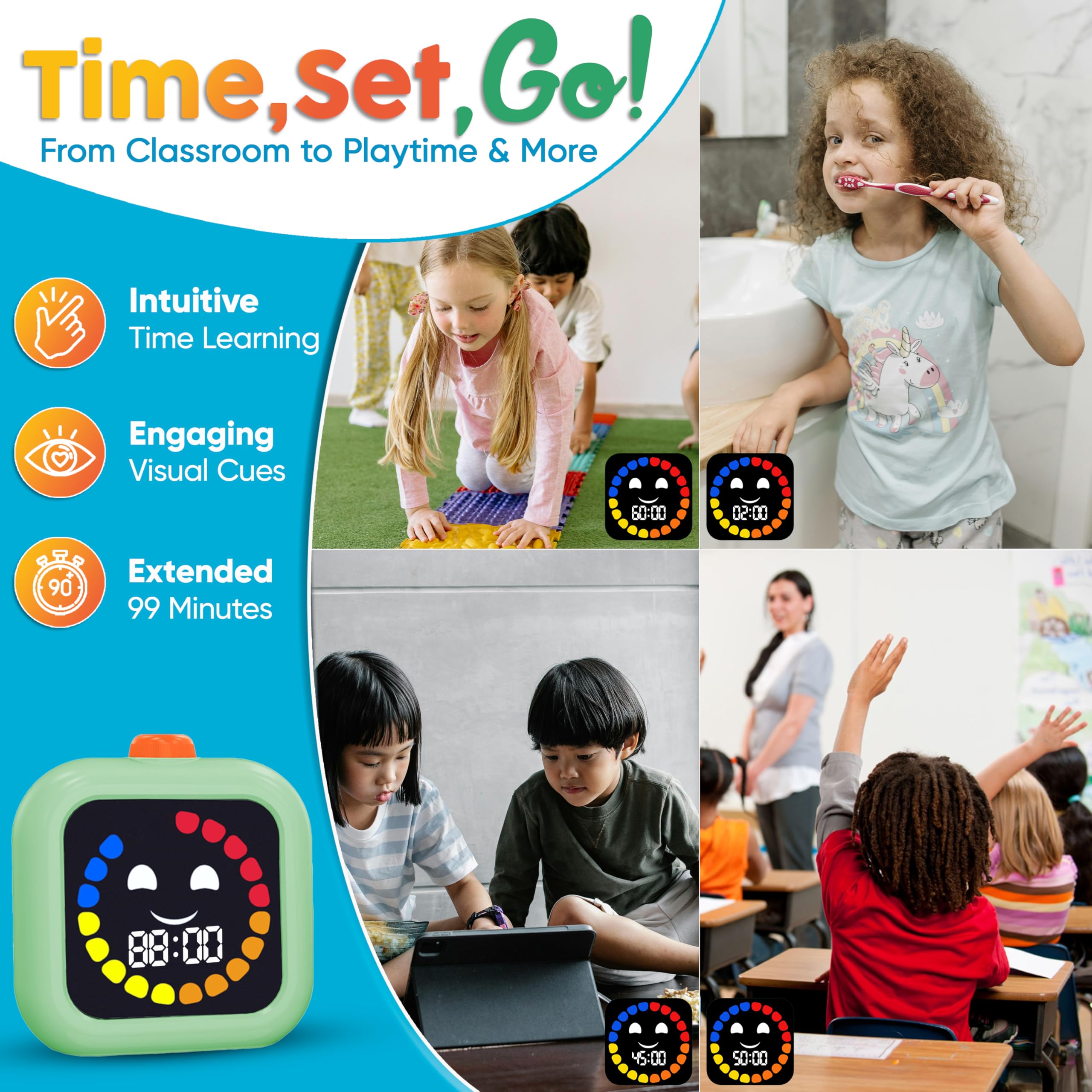 Visual Timer for Kids - 99 Minute Digital Rechargeable Countdown Timer with Adjustable Settings for Classroom, Homework & Screen Time - Autism & ADHD Time Management Tool (Green) - Perfect for Study Sessions, Chores & Focus Activities
