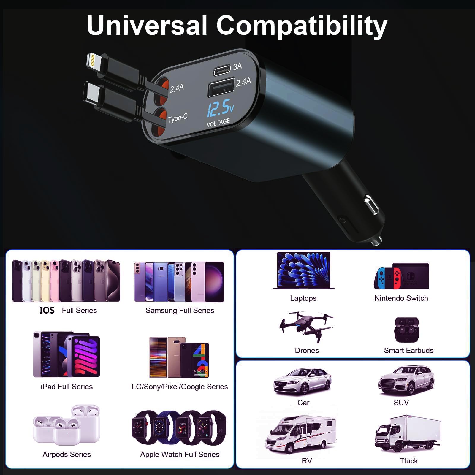 120W 4-in-1 Retractable Car Charger with 2 USB Ports & 31.5