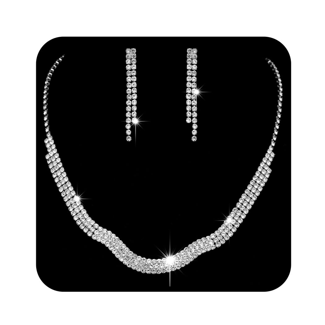 Ushiny Sterling Silver Bridal Jewelry Set with Rhinestones & Cubic Zirconia - Elegant Dangle Drop Earrings & Necklace Set for Women & Girls - Perfect for Weddings, Prom, Anniversary Gifts & Special Occasions