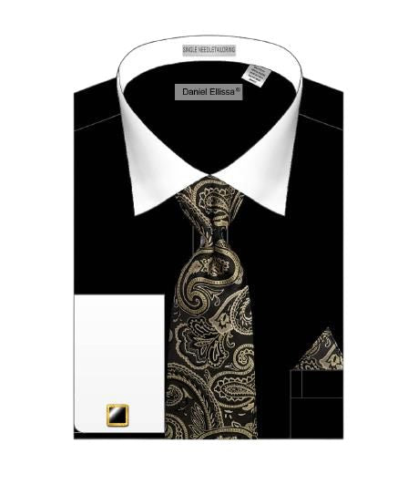 Daniel Ellissa DS3825P2 Black French Cuff Dress Shirt - Premium White Collar Solid Body Formal Shirt for Business, Office & Special Occasions