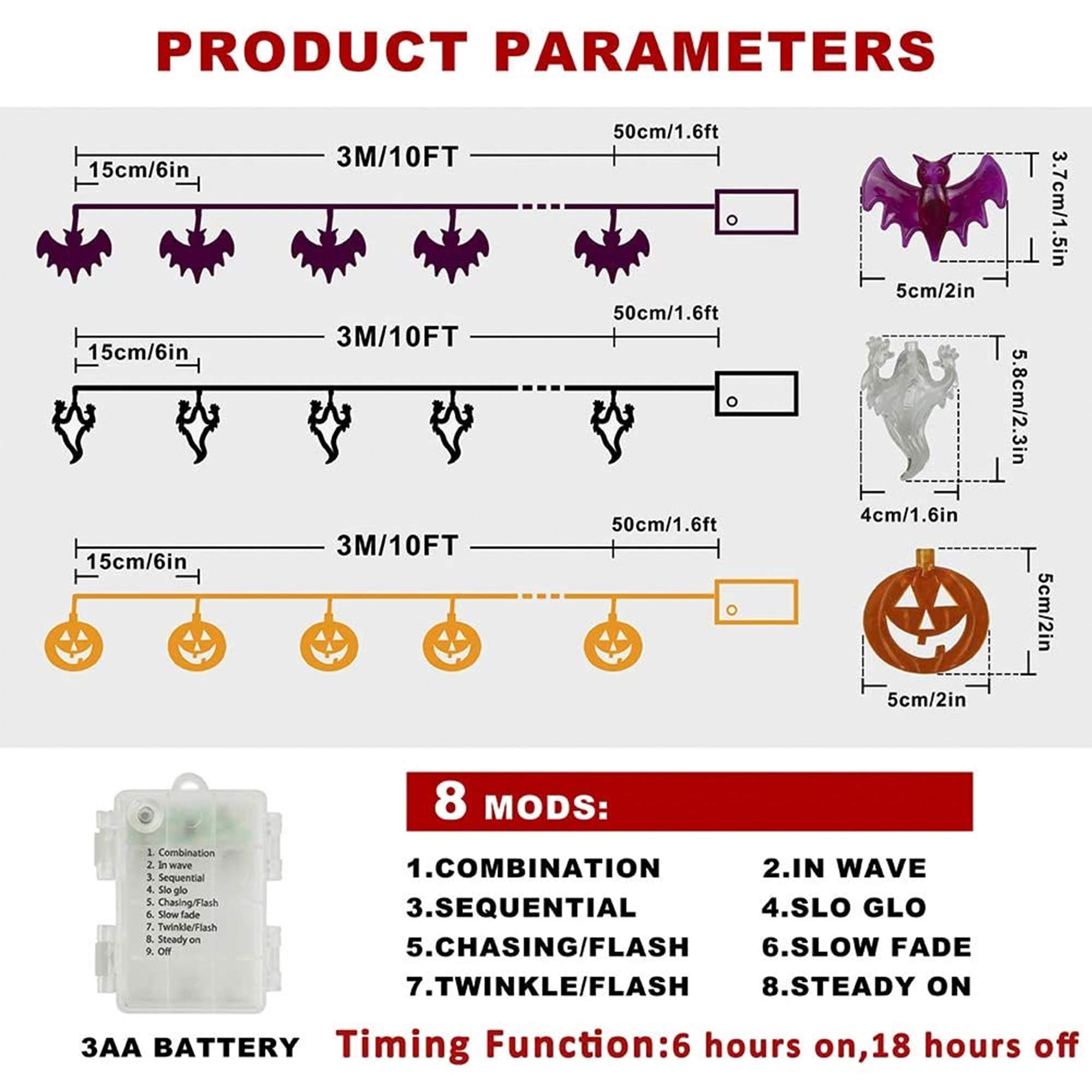 Halloween String Lights - Pumpkin, Bat & Ghost Decorations - 3x20 LED Lights - 10ft Battery Operated for Indoor & Outdoor Use - Perfect for Party, Yard & Home Decor