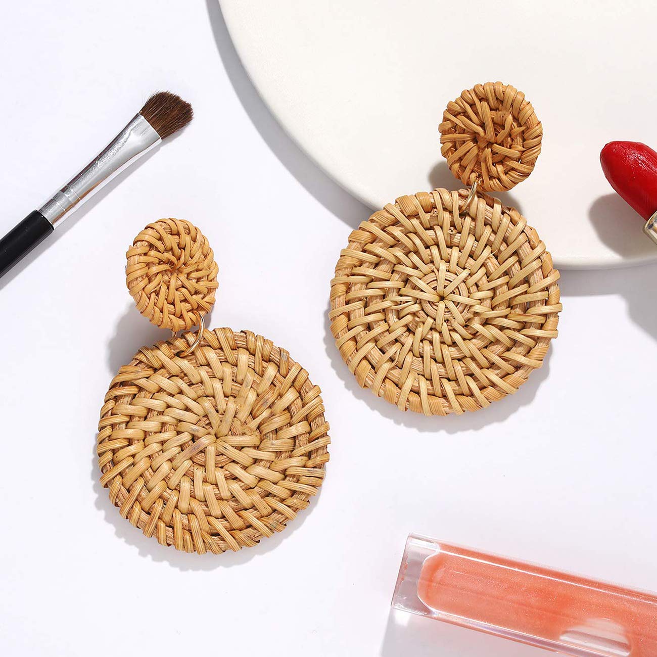 Handmade Rattan Earrings for Women - Lightweight Woven Straw Drop Hoop Earrings with Wicker Disk Stud | Boho Chic Statement Jewelry for Summer, Beach, and Casual Outfits