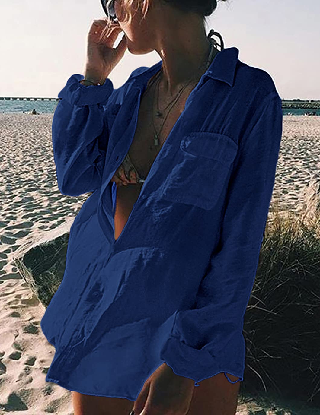 Eddoyee Women's Loose Long Sleeve Bathing Suit Cover Up - Button Up Beach Shirt Dress for Swimwear | Perfect for Beach Vacation, Pool Party & Summer Outfits