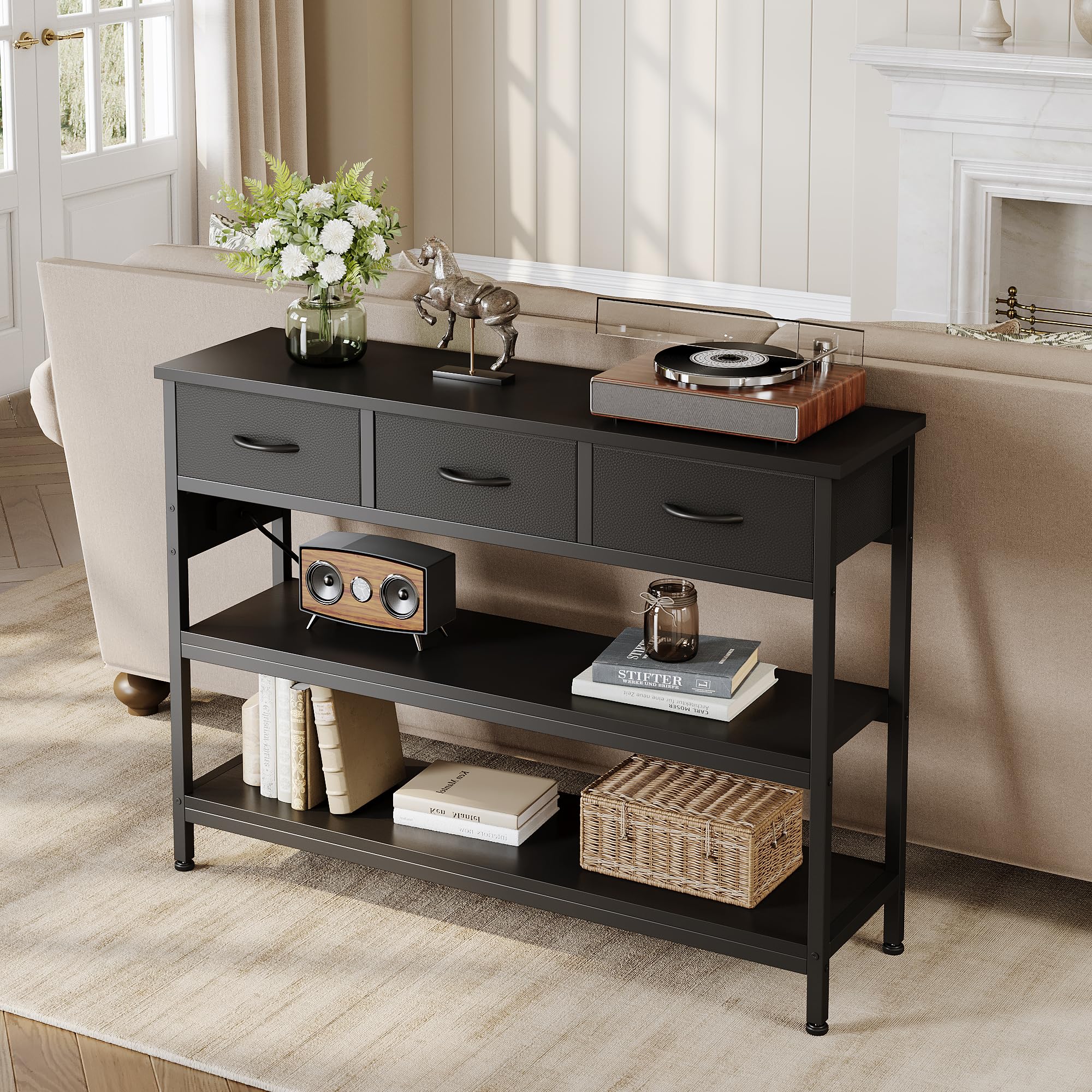 Lulive Modern Entryway Console Table with 3 Fabric Drawers & Built-in Power Outlets - Adjustable Height Sofa Table (43