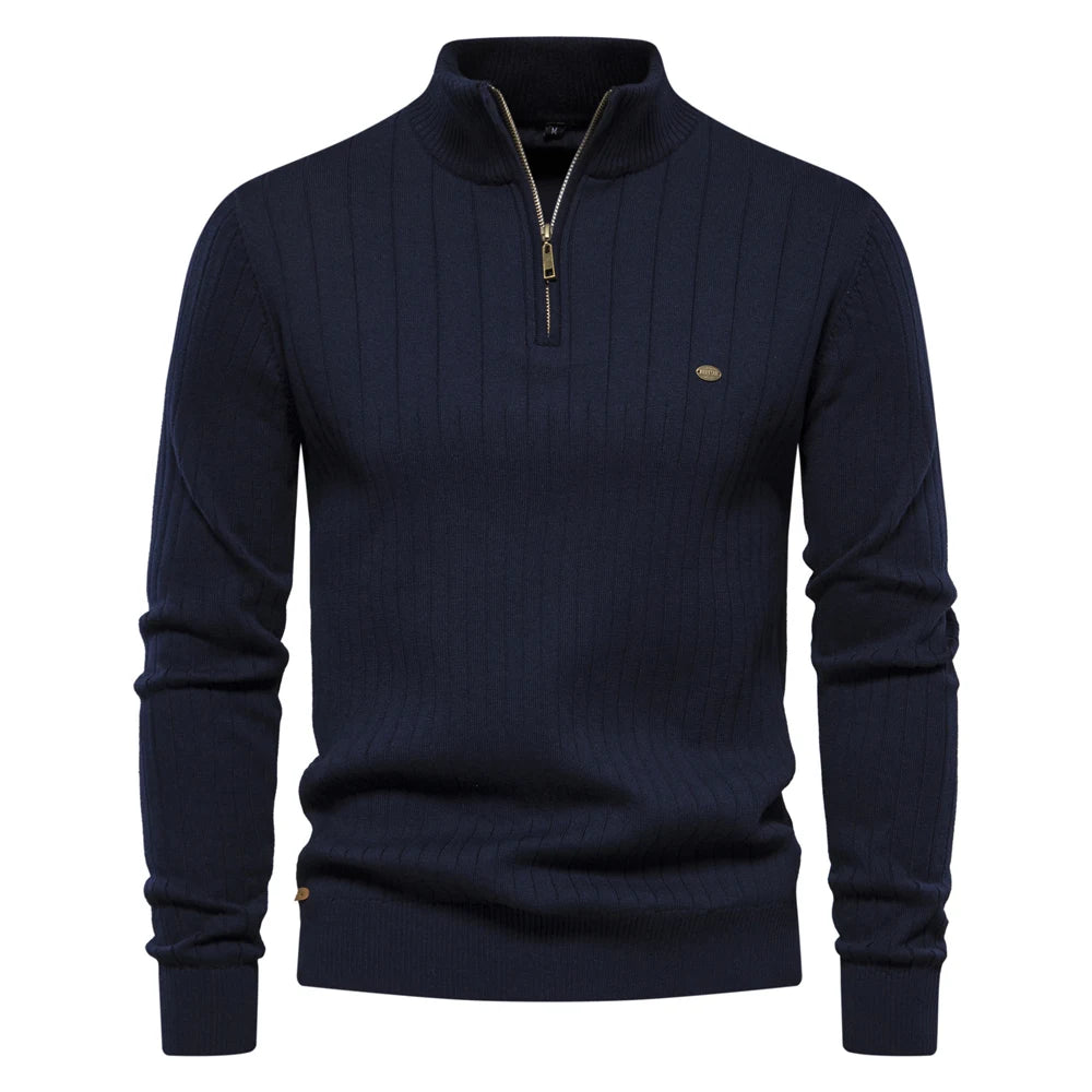 Men's Autumn Winter Cotton Knit Stand Collar Zipper Pullover Sweater - High Quality Warm Casual Wear for Outdoor & Office