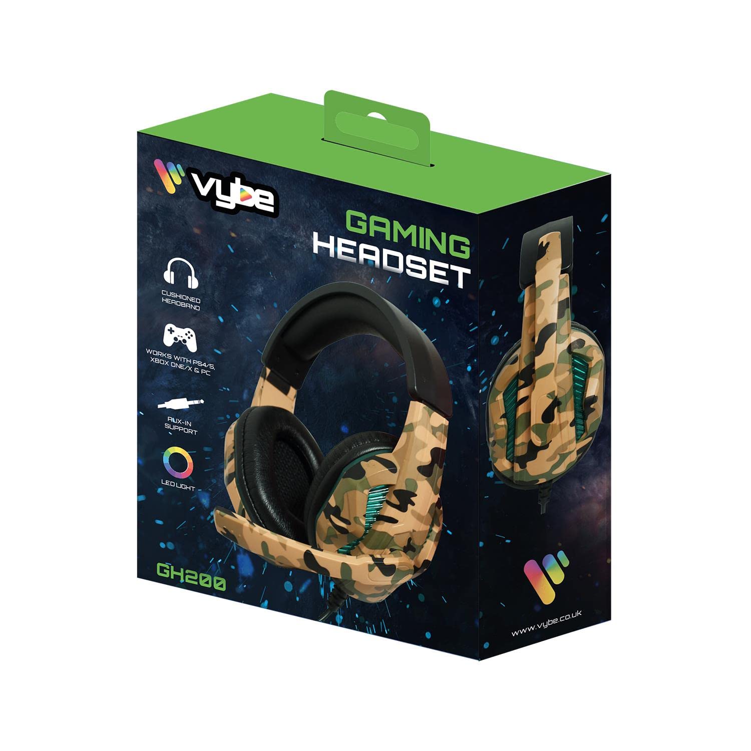 Vybe LED Gaming Headset with Camouflage Design - Compatible with PlayStation, Xbox & PC - Wired Over-Ear Headphones with Adjustable Boom Mic & AUX-in Support - Perfect for FPS, Streaming & Multiplayer Gaming