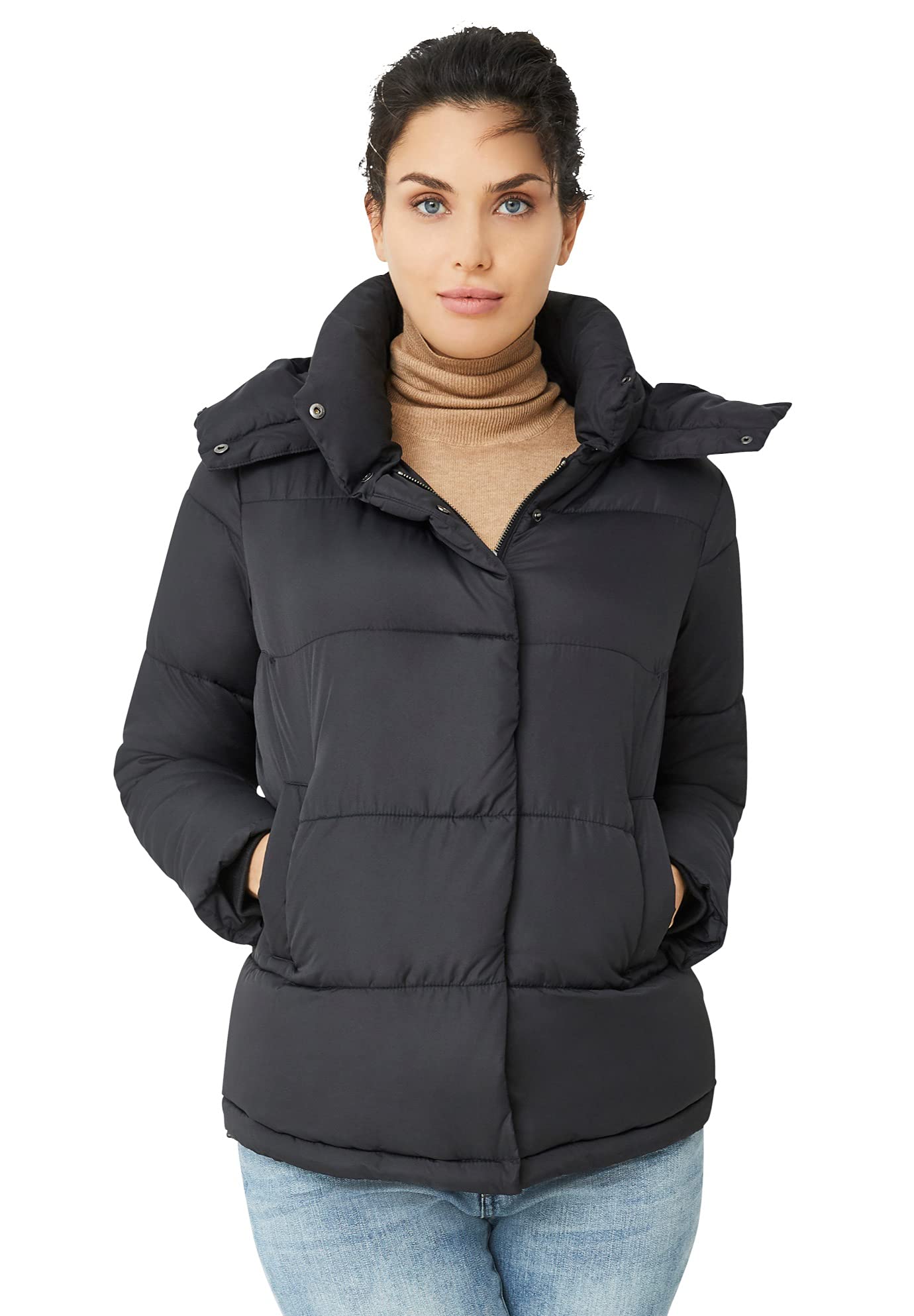 Ellos Women's Plus Size Short Hooded Puffer Jacket - Warm Winter Coat for Outdoor Activities & Casual Wear