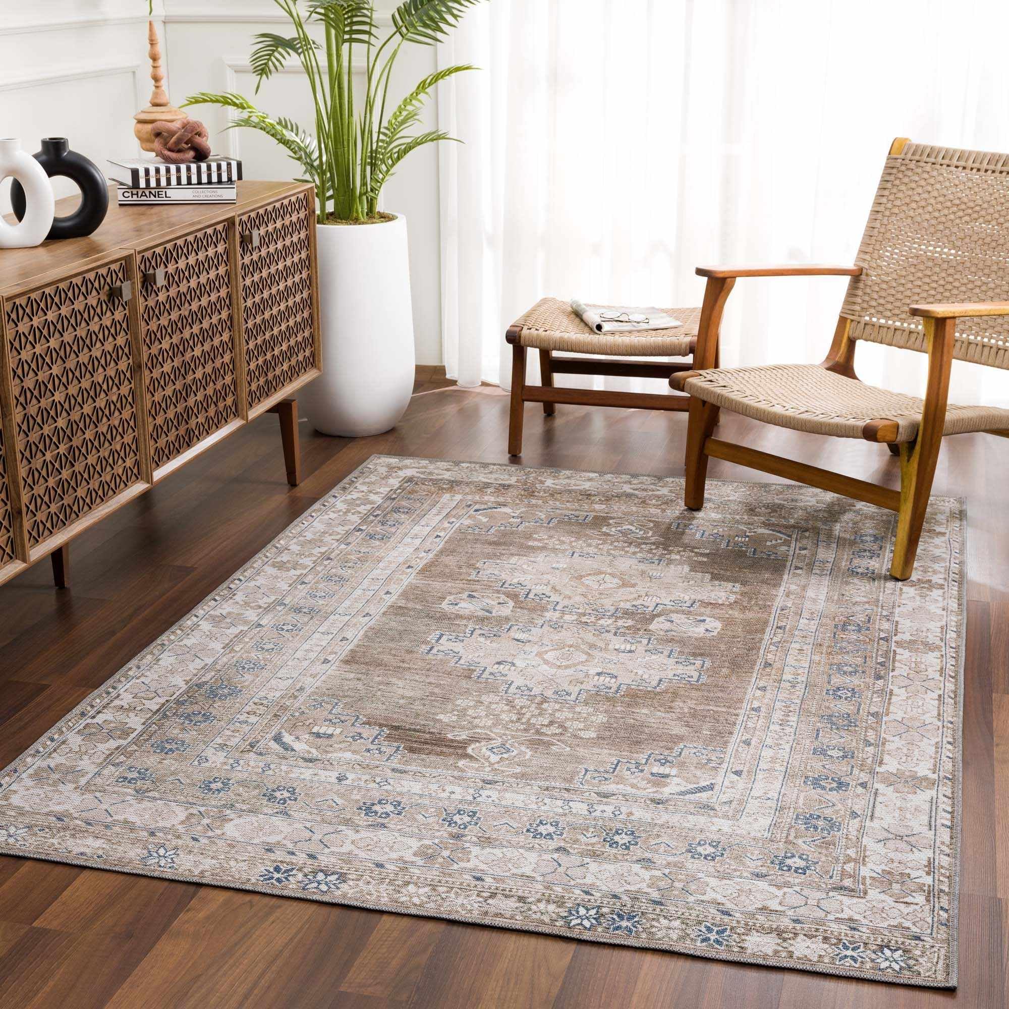 Machine Washable Vintage Distressed Oriental Medallion Area Rug - Stain & Water Resistant - 9'3