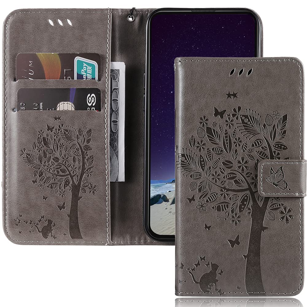 iPhone 13 Mini Wallet Case with Kickstand & Card Holder - Cute Butterfly Cat Embossed PU Leather Protective Cover for iPhone 13 Mini 5.4 Inch (Wish Tree Gray) | Perfect for Everyday Use, Travel & Hands-Free Viewing