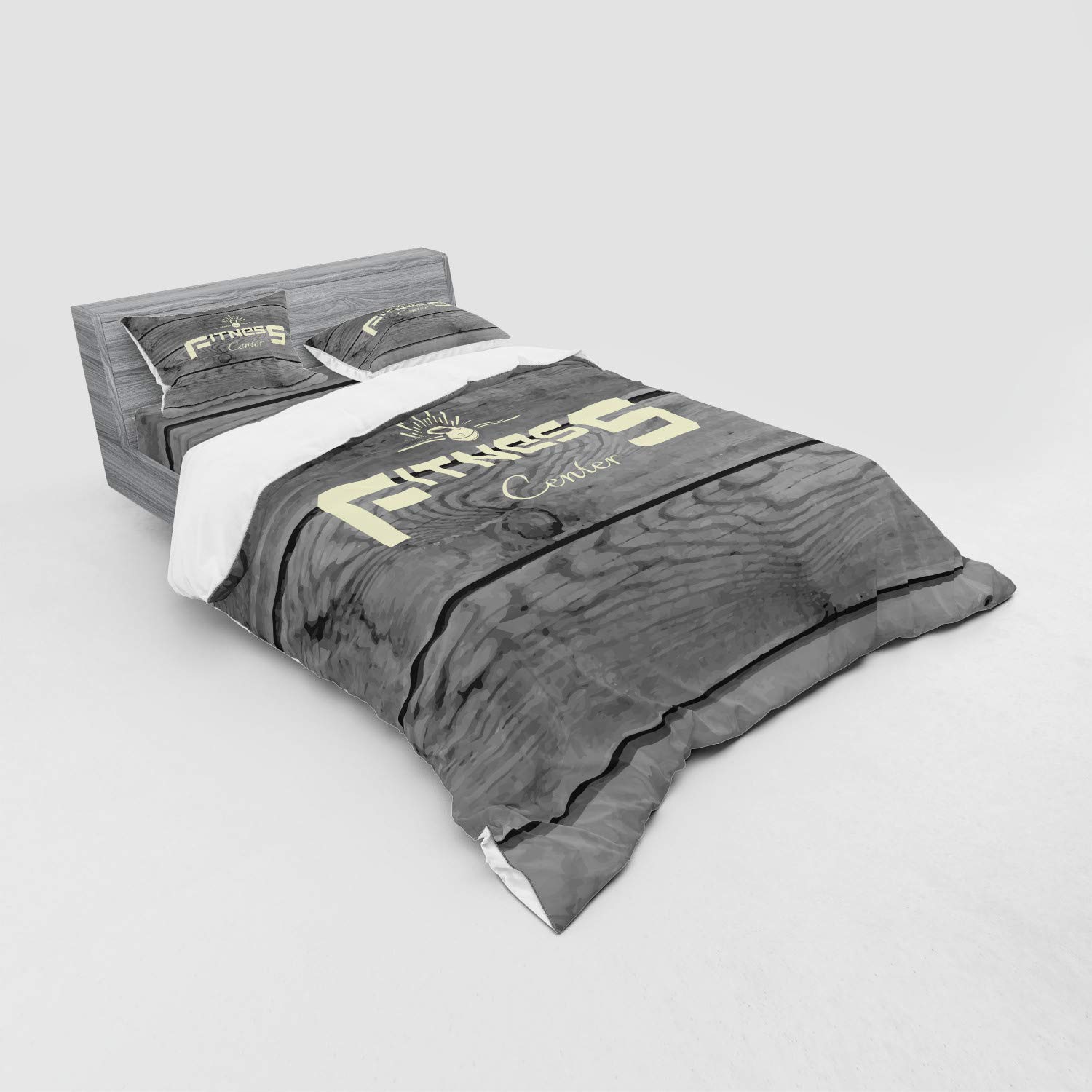 Ambesonne Fitness Bedding Set - 4 Piece Duvet Cover with Shams & Fitted Sheet, Queen Size, Pale Yellow Black Grey - Aerobics & Gym Themed Design on Wooden Planks Backdrop - Perfect for Home Gym Decor & Fitness Enthusiasts