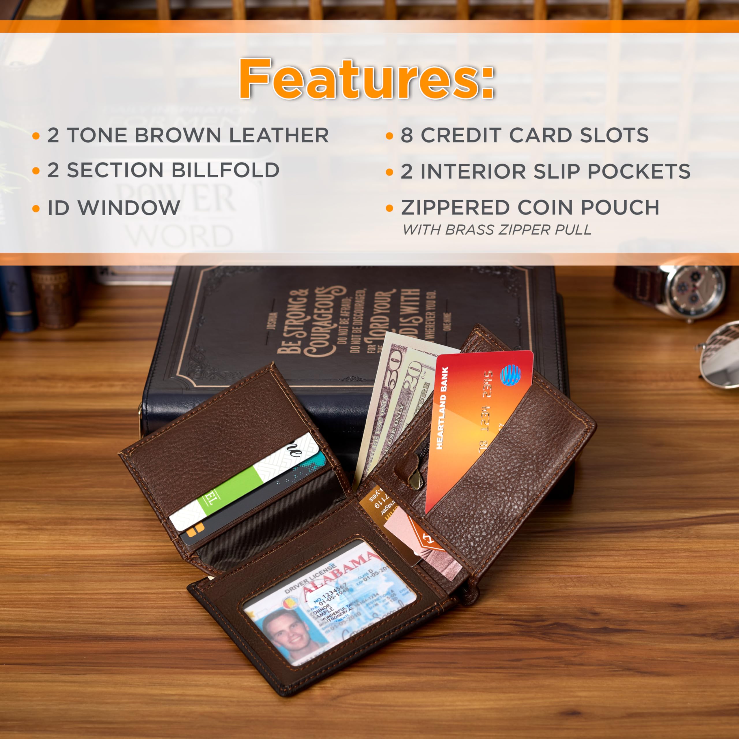 Genuine Leather Wallet for Men - Strong & Courageous with Brass Inlay | Deuteronomy 31:6 Bible Verse Christian Gift | RFID Blocking Brown Bifold Wallet | Perfect for Daily Use, Travel & Religious Occasions