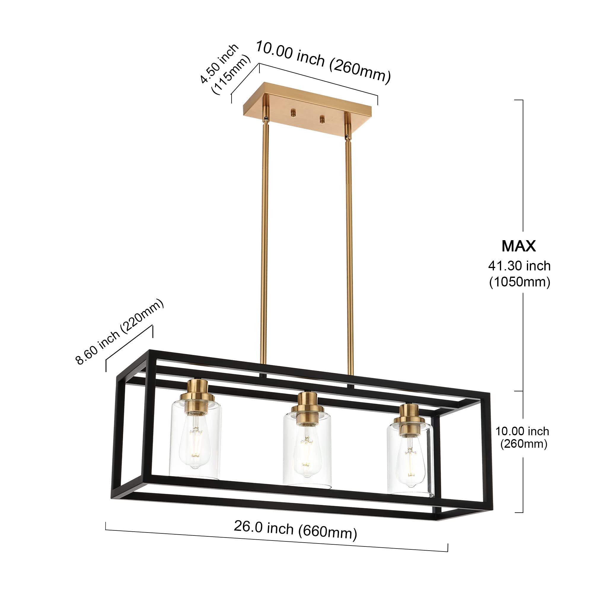 Modern Black Rectangle 3-Light Linear Pendant Chandelier - Kitchen Island Lighting with Clear Glass Shade & Brass Socket, E26 Base - Perfect for Dining Room, Kitchen Counter, and Breakfast Nook Lighting