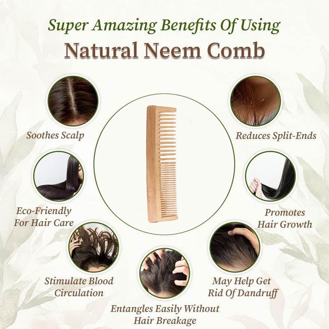 Organic Neem Wood Comb for Hair Growth & Scalp Health - Anti Hair Loss & Dandruff Control Comb for Women & Men - Natural Wooden Hairbrush for Thicker Hair - Perfect for Daily Hair Care & Ayurvedic Scalp Massage (Pack of 1)