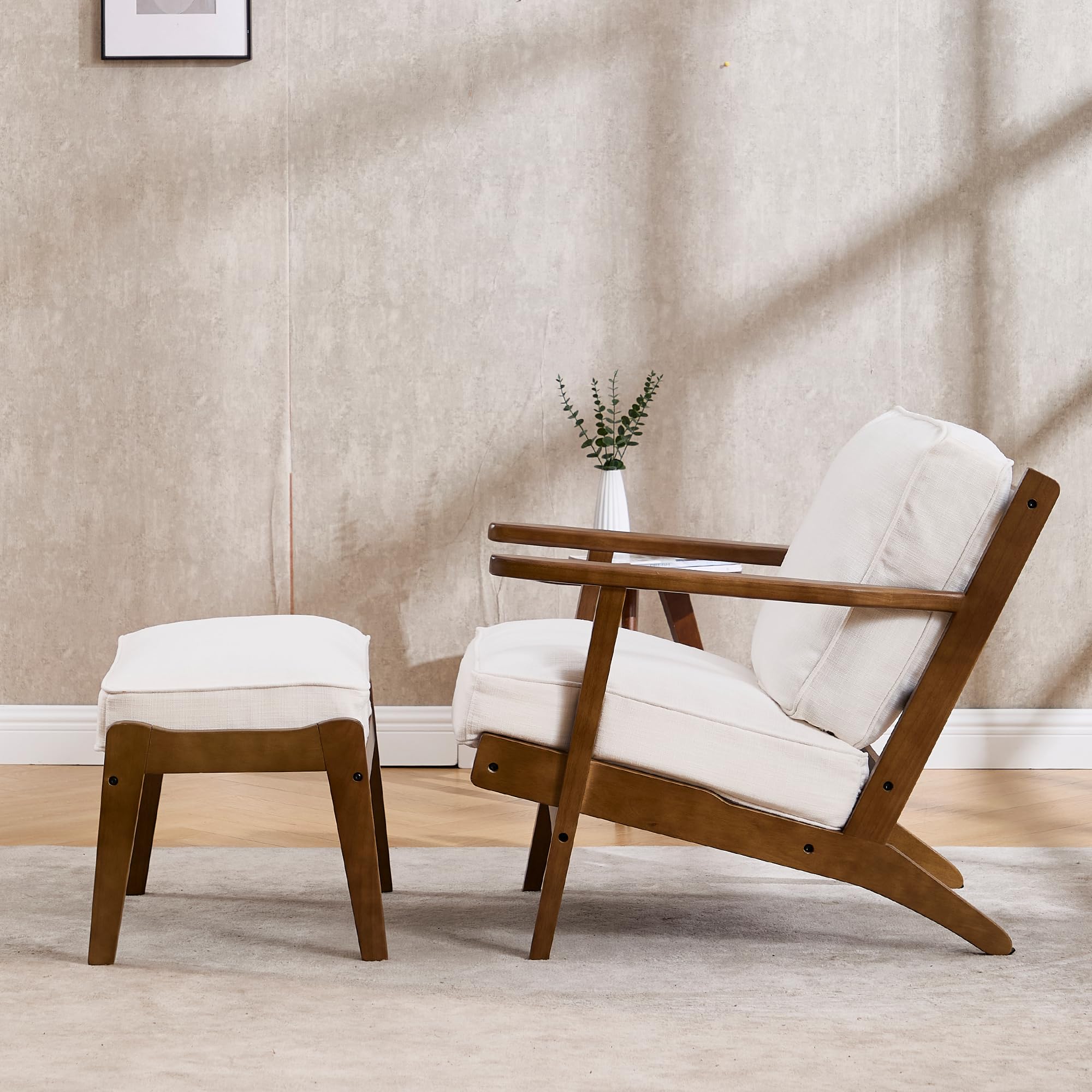 Mid Century Modern Accent Chair with Ottoman - Solid Wood Frame Upholstered Fabric Armchair for Living Room, Bedroom, Reading Nook - Elegant Beige Lounge Chair for Relaxation & Home Decor