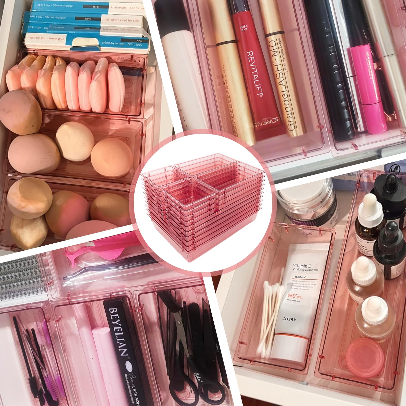 25-Pack Clear Plastic Drawer Organizer Set - Vanity & Desk Storage Bins with Trays for Makeup, Office, Bathroom & Kitchen (Pink) | Space-Saving Solution for Home & Office Organization