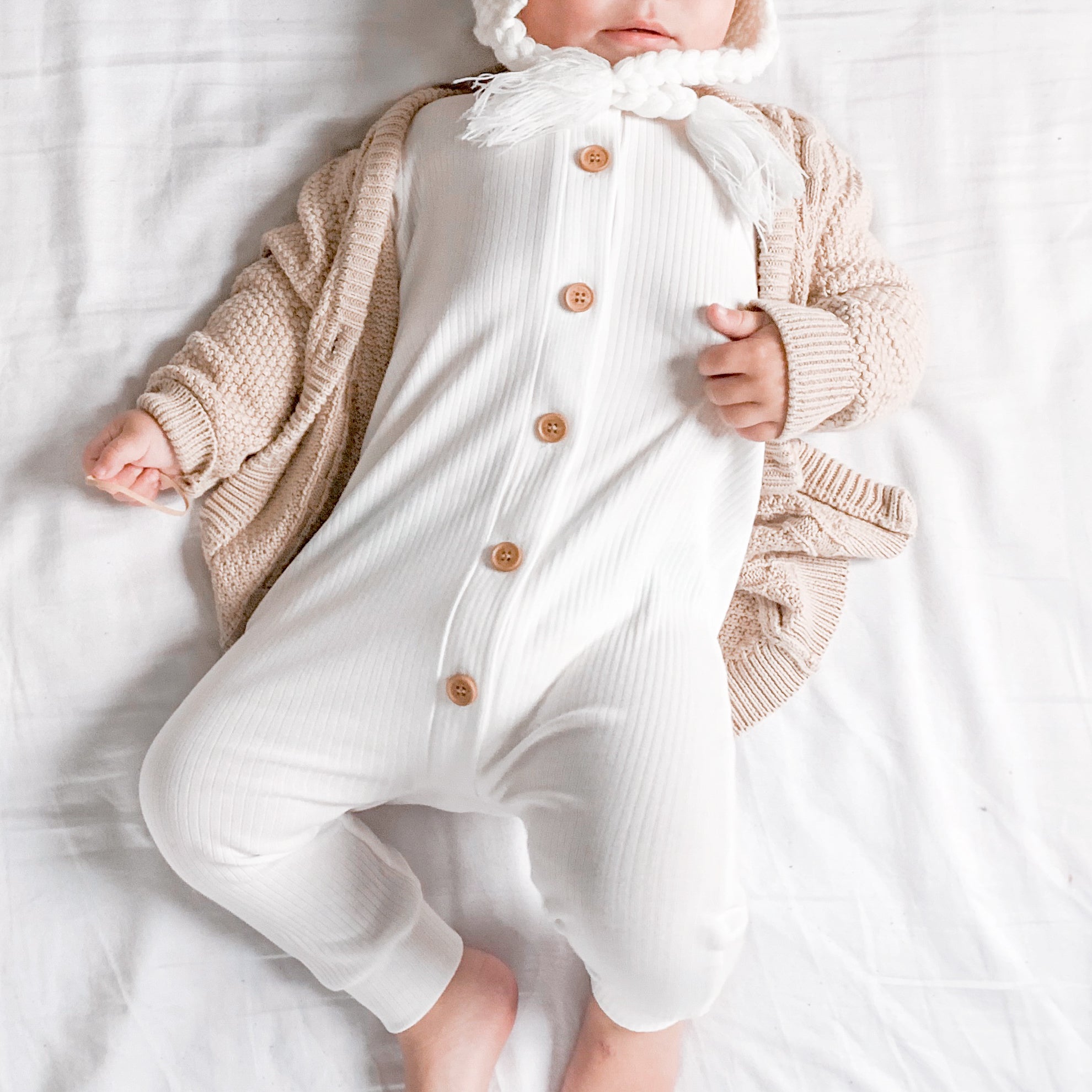 Cozy Long Sleeve Louie Romper for Baby Girls - Soft Coconut Milk Color | Perfect for Playdates, Photoshoots & Everyday Comfort