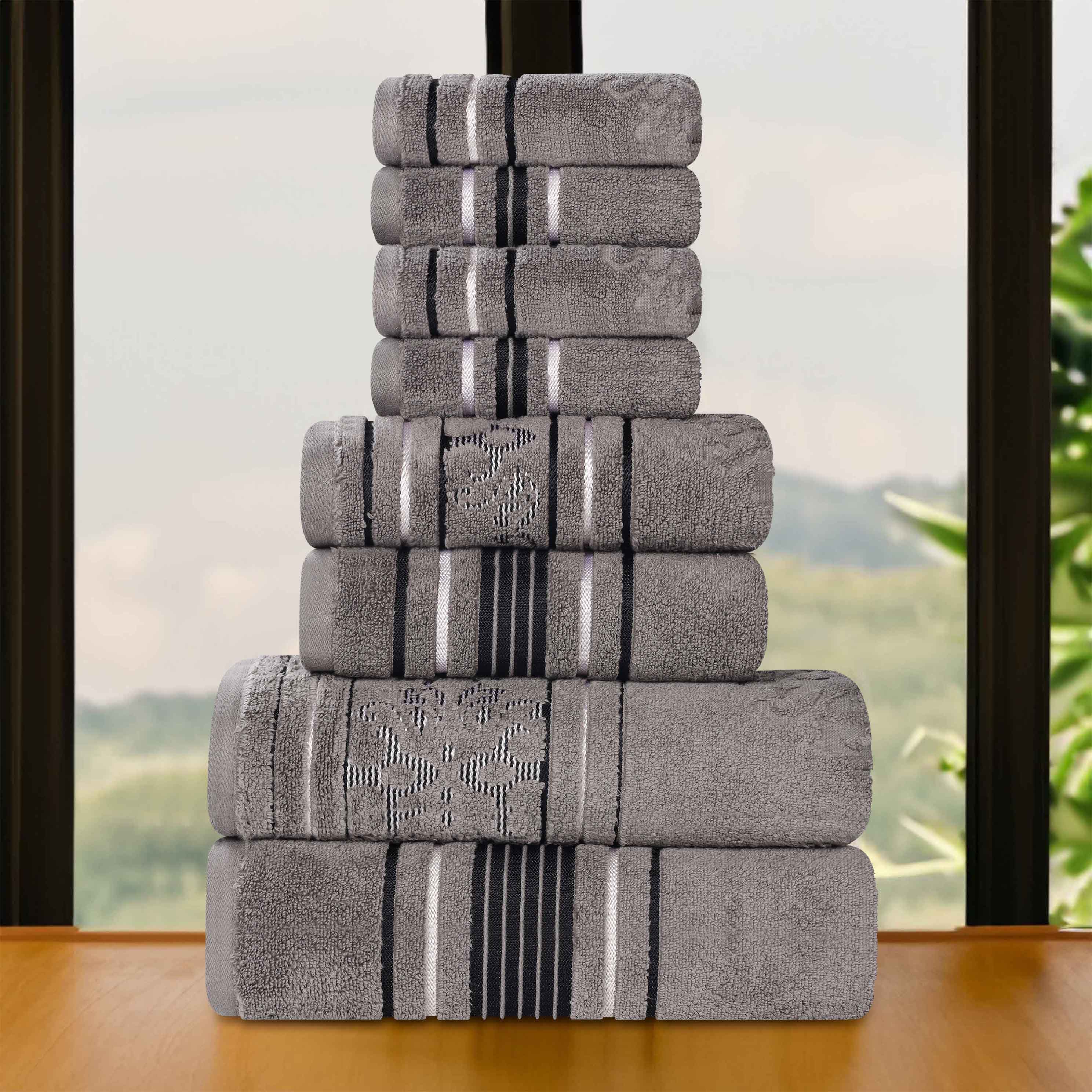 Premium 8-Piece Sadie Zero Twist Cotton Towel Set - Solid & Jacquard Floral Design | Ultra Absorbent Bath & Hand Towels for Luxury Bathroom, Spa & Guest Room Decor