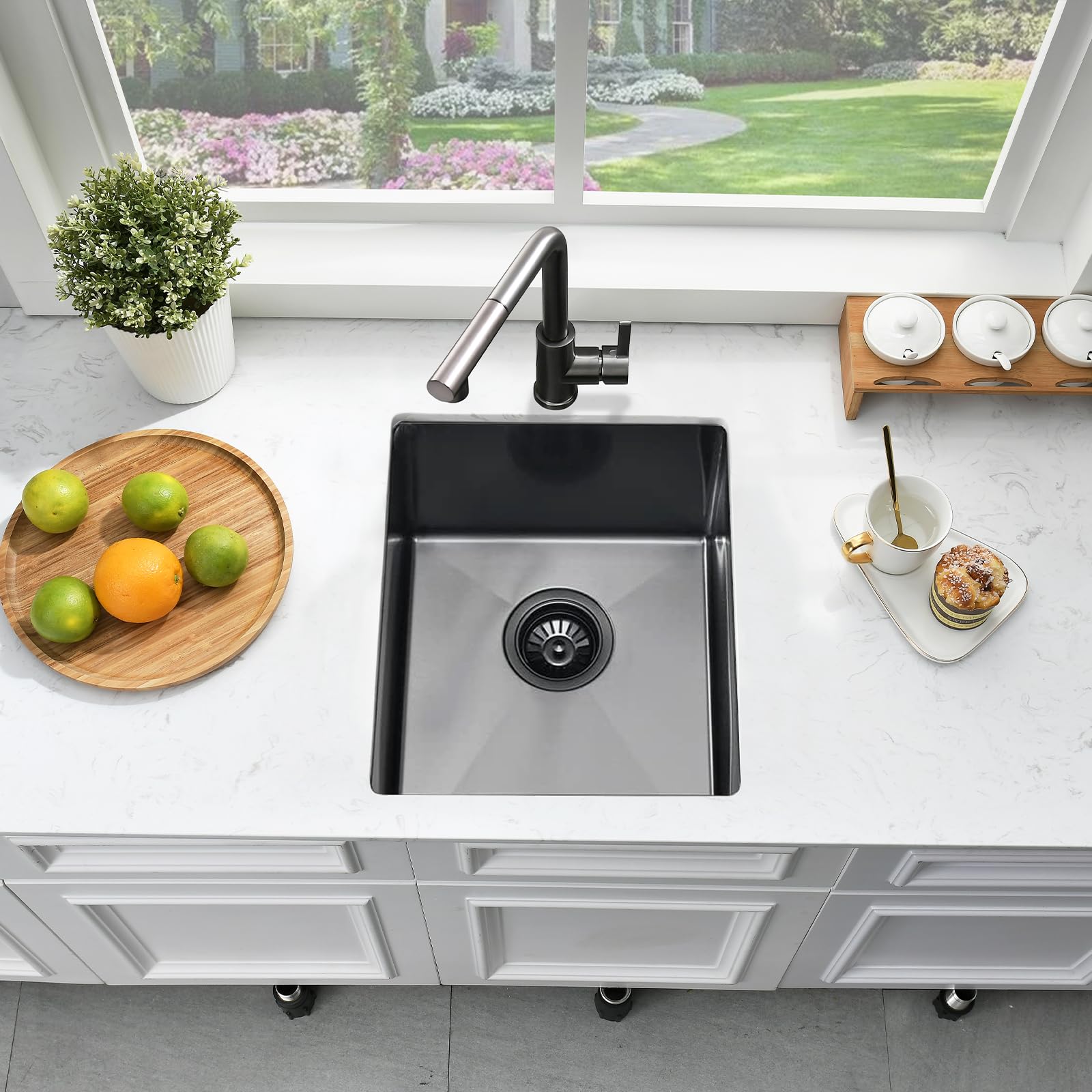 Bokaiya 13x15 Inch Undermount Black Bar Sink - 16 Gauge Stainless Steel Small Wet Bar Sink with Bottom Grid & Strainer - Perfect for Kitchenettes, Home Bars, RV, and Outdoor Entertaining