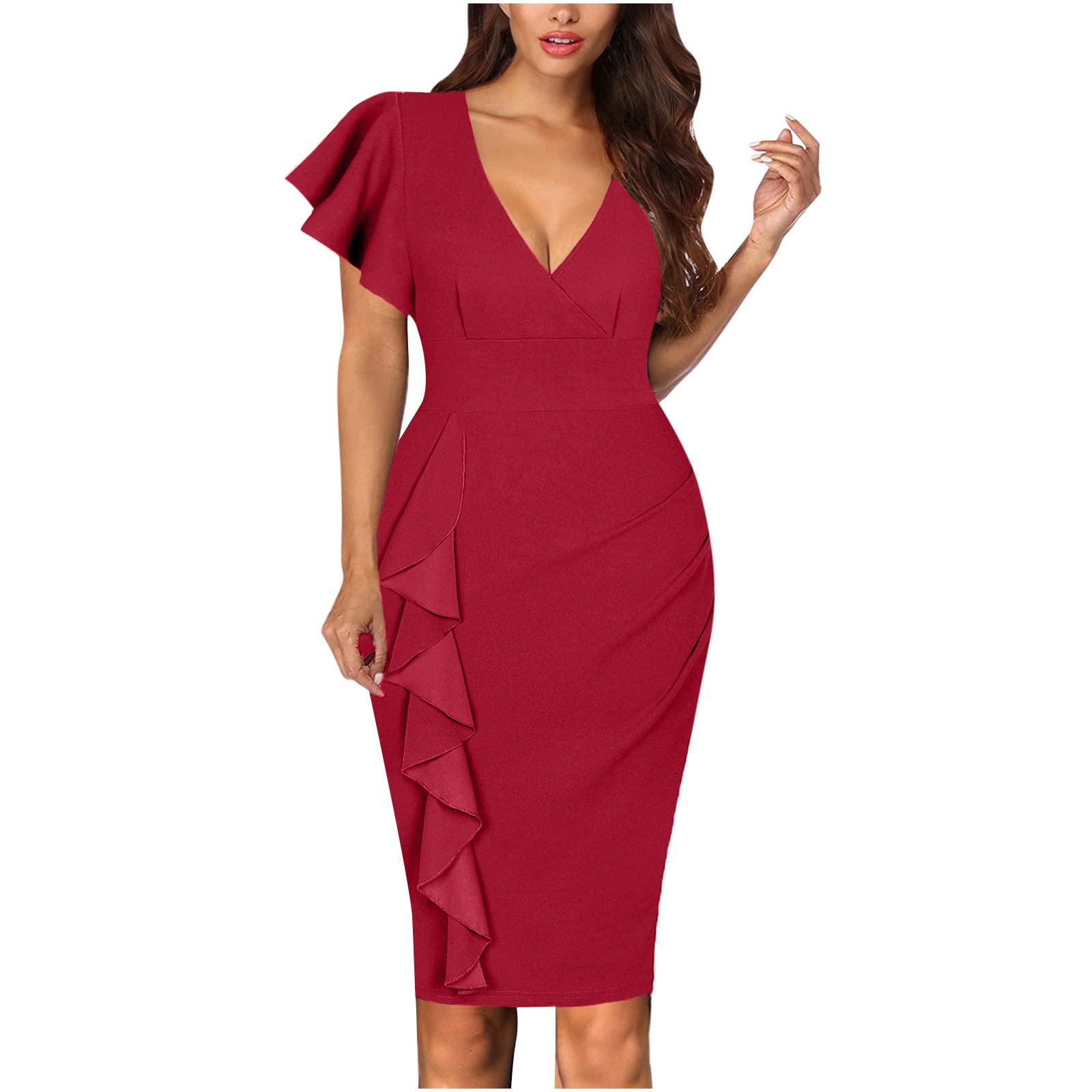 Elegant Women's Ruffle Sleeve V-Neck Maxi Dress - Wedding Guest, Cocktail Party & Evening Gown - Flowy Solid Color Formal Dress for Special Occasions