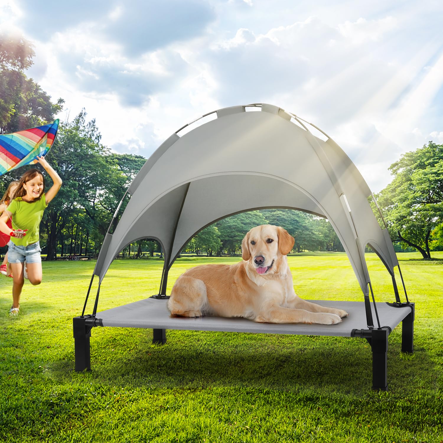 Elevated Dog Bed with Canopy - Portable Cooling Raised Pet Cot with Removable Shade Tent for Dogs & Cats | Grey | Perfect for Outdoor Camping, Backyard Lounging & Travel