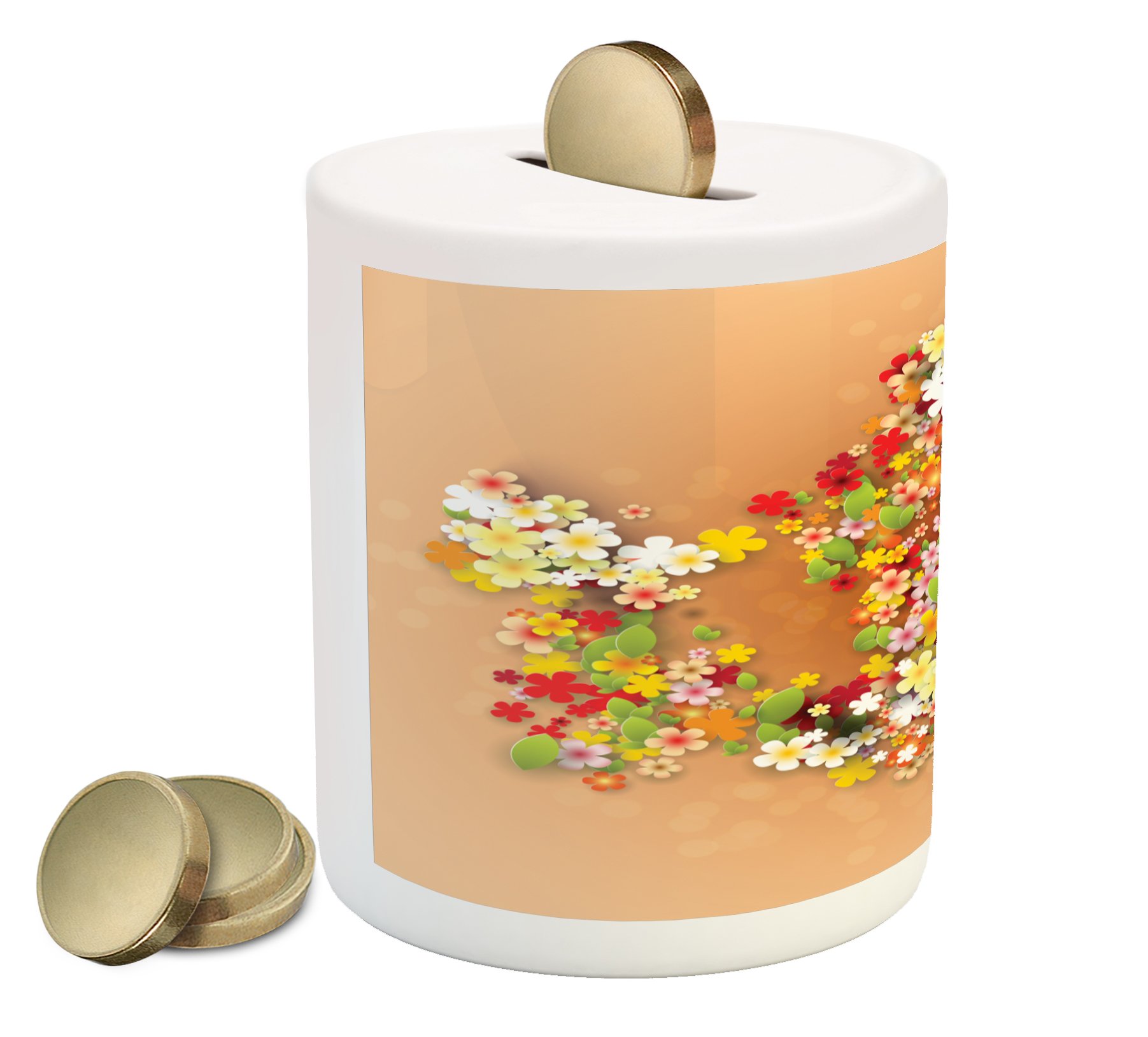 Ambesonne Floral Ceramic Piggy Bank - Orange Red & White Printed Money Box for Cash Savings | Cute Coin Bank with Summer Floral Design & Black Frame | Perfect for Kids' Allowance, Wedding Favors & Home Decor