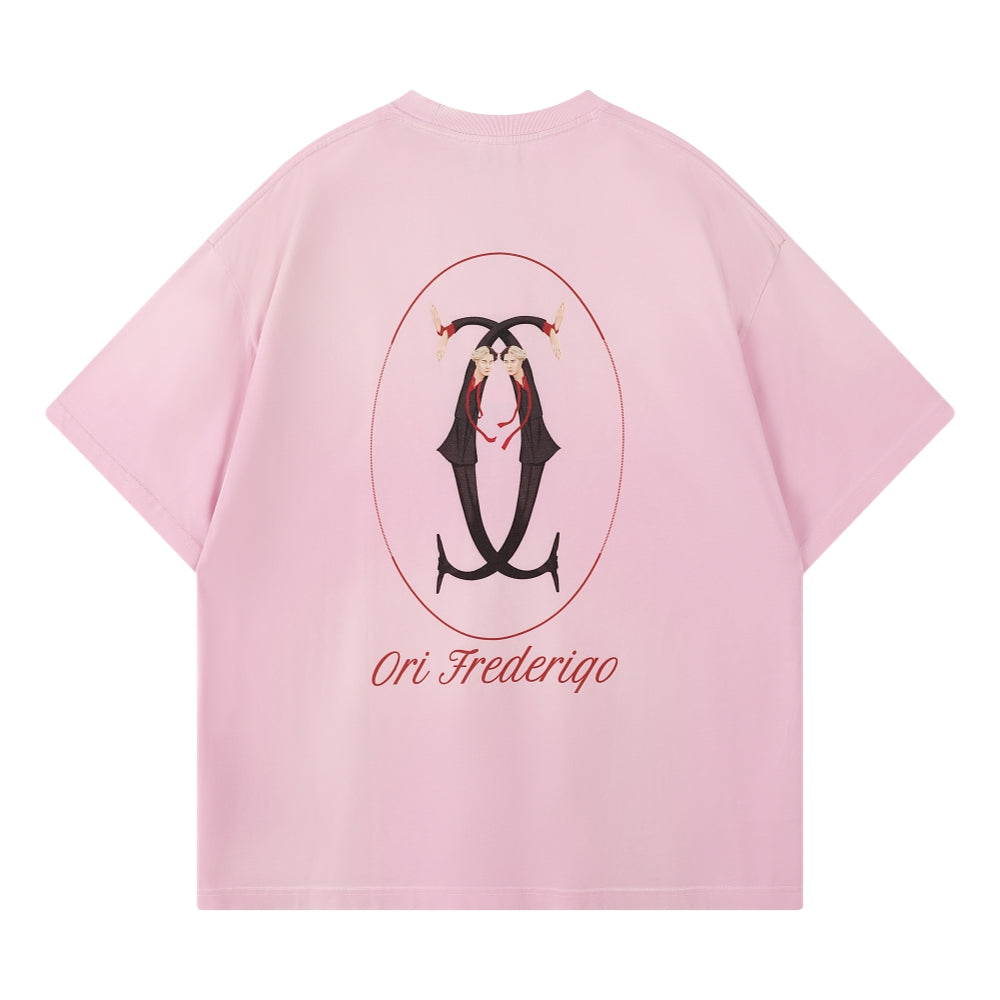 ORI Frederiqo Printed Washed Short Sleeve T-Shirt for Women - Soft Pink Vintage Style Tee - Casual Summer Outfit, Streetwear Fashion