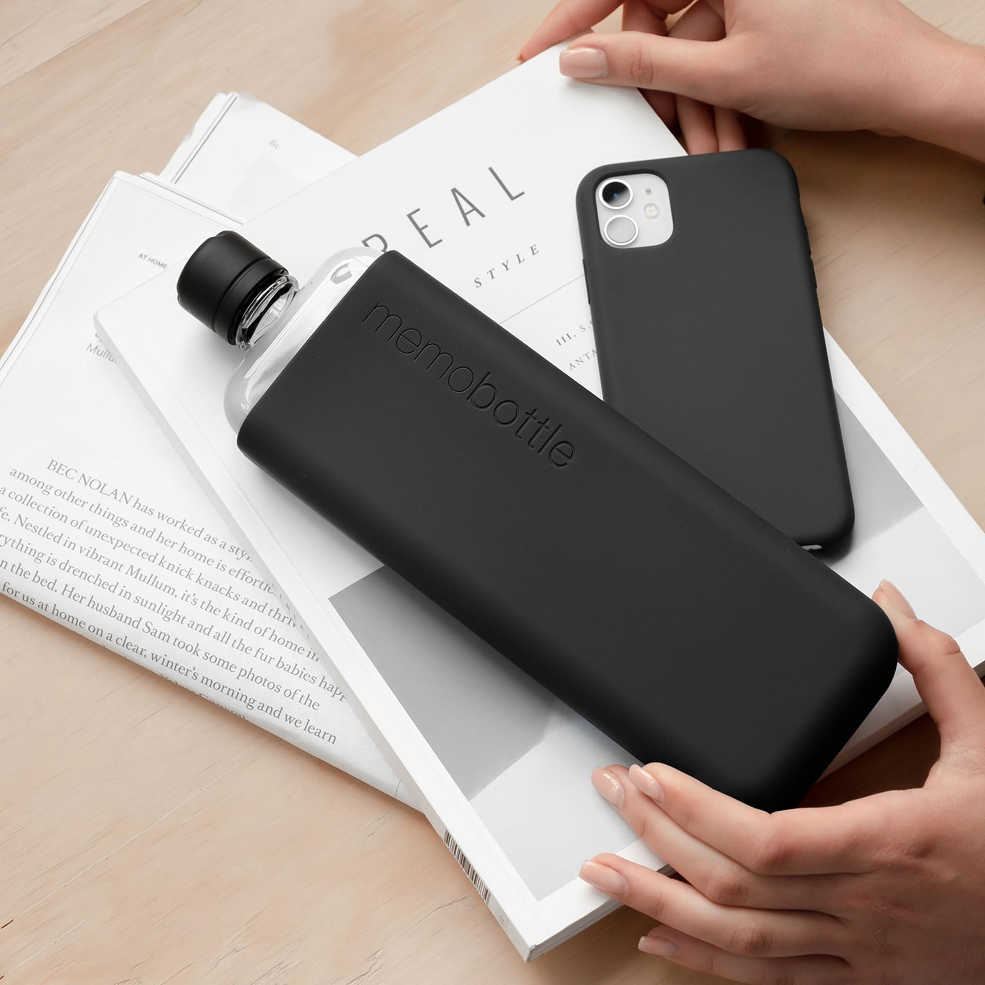 memobottle SLIM (Black Ink) Bundle - 15oz (450ml) BPA Free Tritan Water Bottle with Silicone Sleeve & Lid | Ultra Slim Flat Design for Backpacks, Laptops & Travel | Minimalist Reusable Bottle for Office, Gym & Outdoor Activities