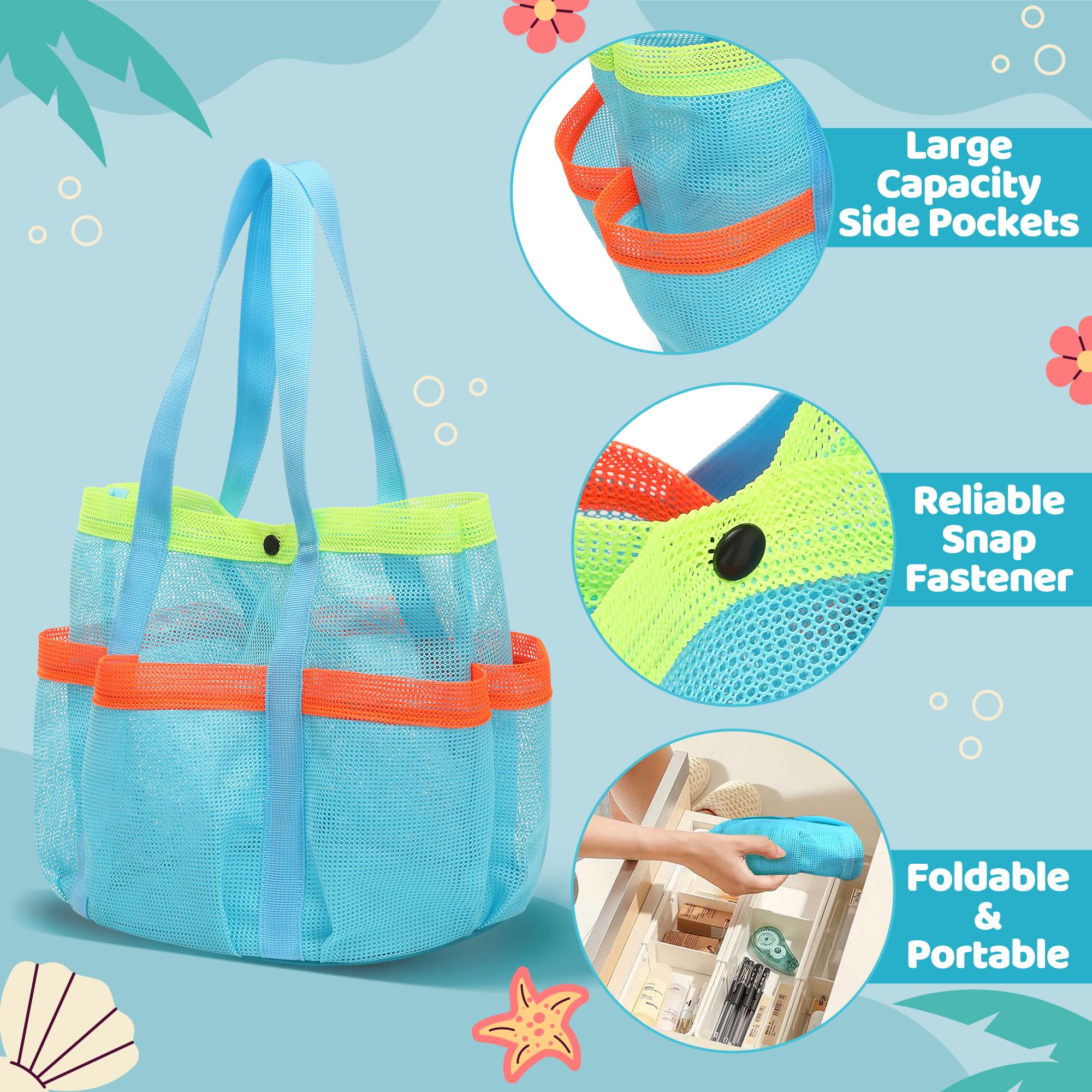 Foldable Waterproof Mesh Beach Bag with 6 Pockets - Sandproof Storage Tote for Swim, Tropical Vacation & Pool Essentials - Perfect for Beach Days, Travel & Outdoor Adventures