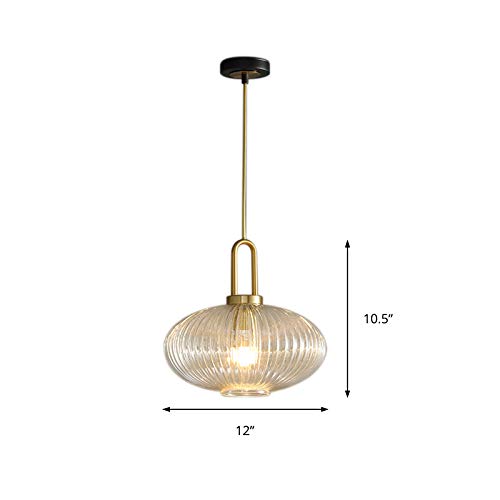 12 Inch Gold Ribbed Glass Lantern Pendant Light with Handle - Modern Single Bulb Ceiling Fixture for Dining Room, Kitchen Island & Bedroom Lighting